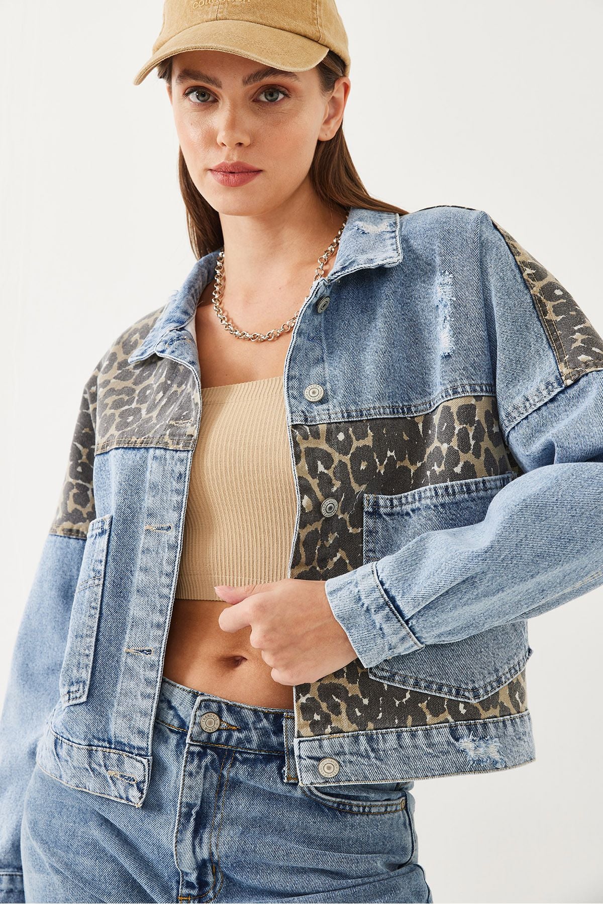 Women's leopard detailed denim jacket 60351014