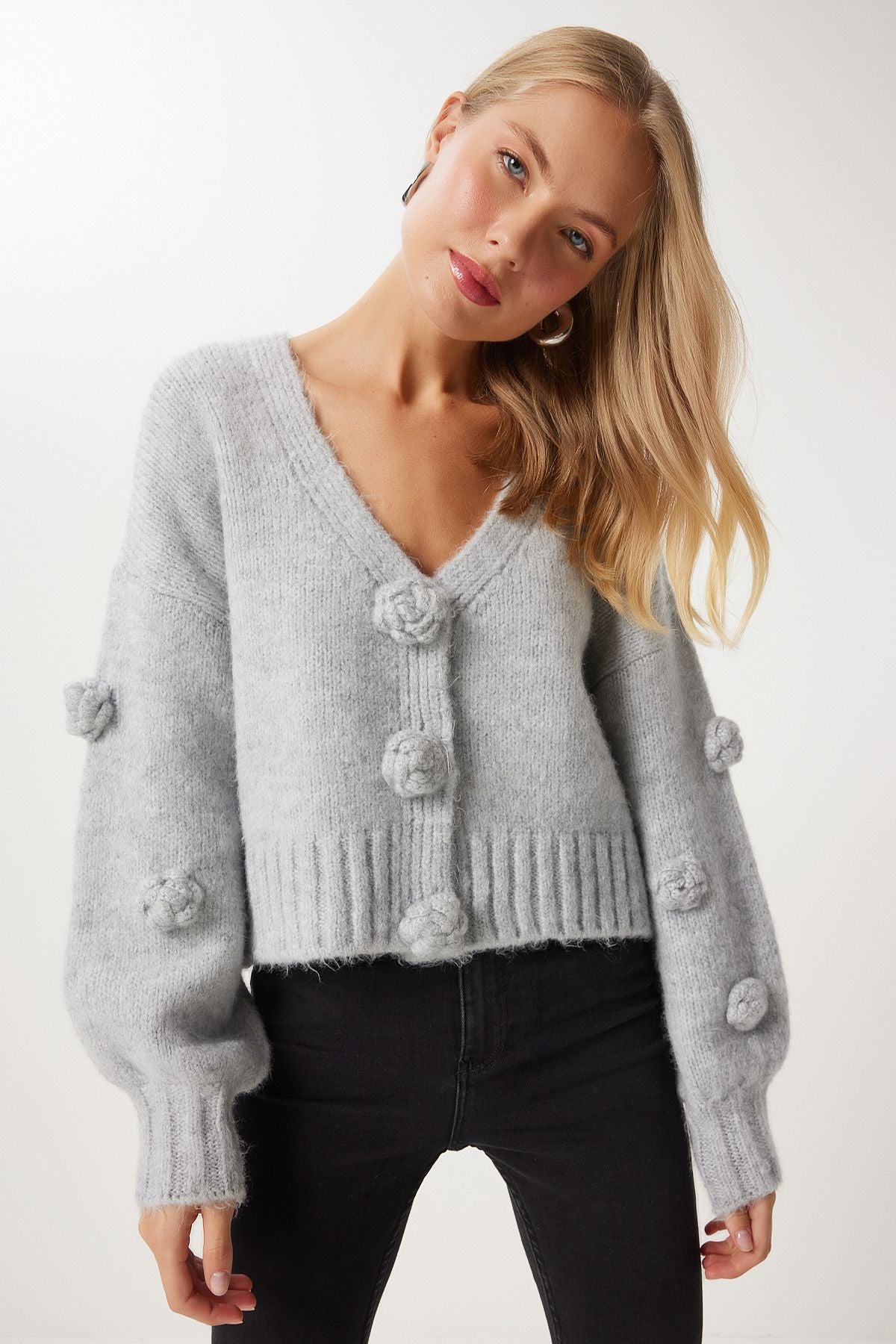 Women's Gray Pompom Flower Detail Triko Cardigan PF00078