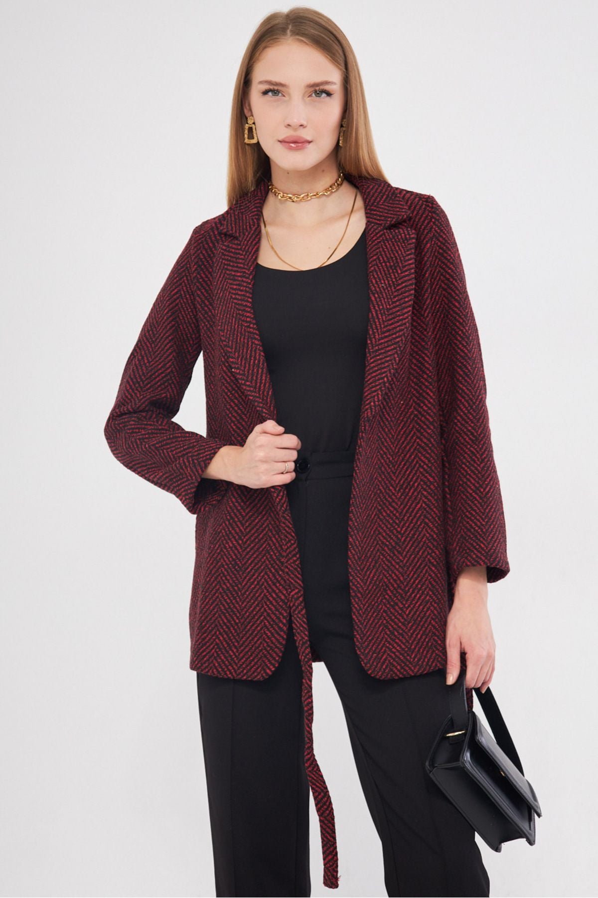 Female Bordeaux Side Fish Tie Patterned Stamp Jacket ARM-25K001019