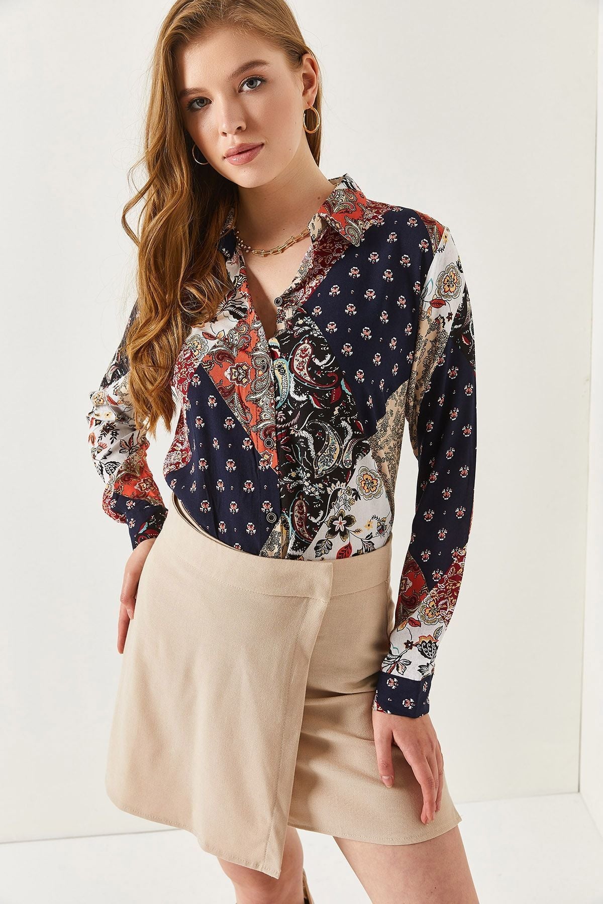 Women's Navy Blue Color Patterned Long Sleeve Shirt ARM-20K001102