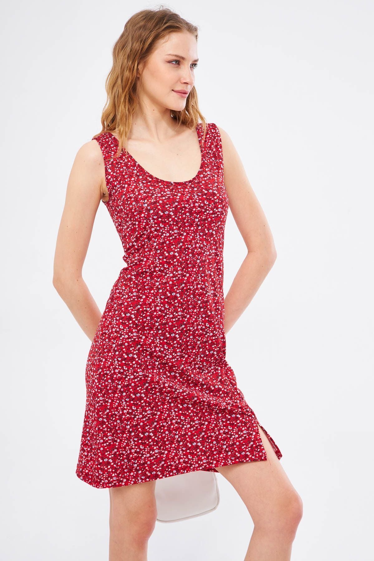 Woman Red Ikosidio Dress Sitting on the Body Sleeveless Front Ruffled Mini Size ARM-24Y001045