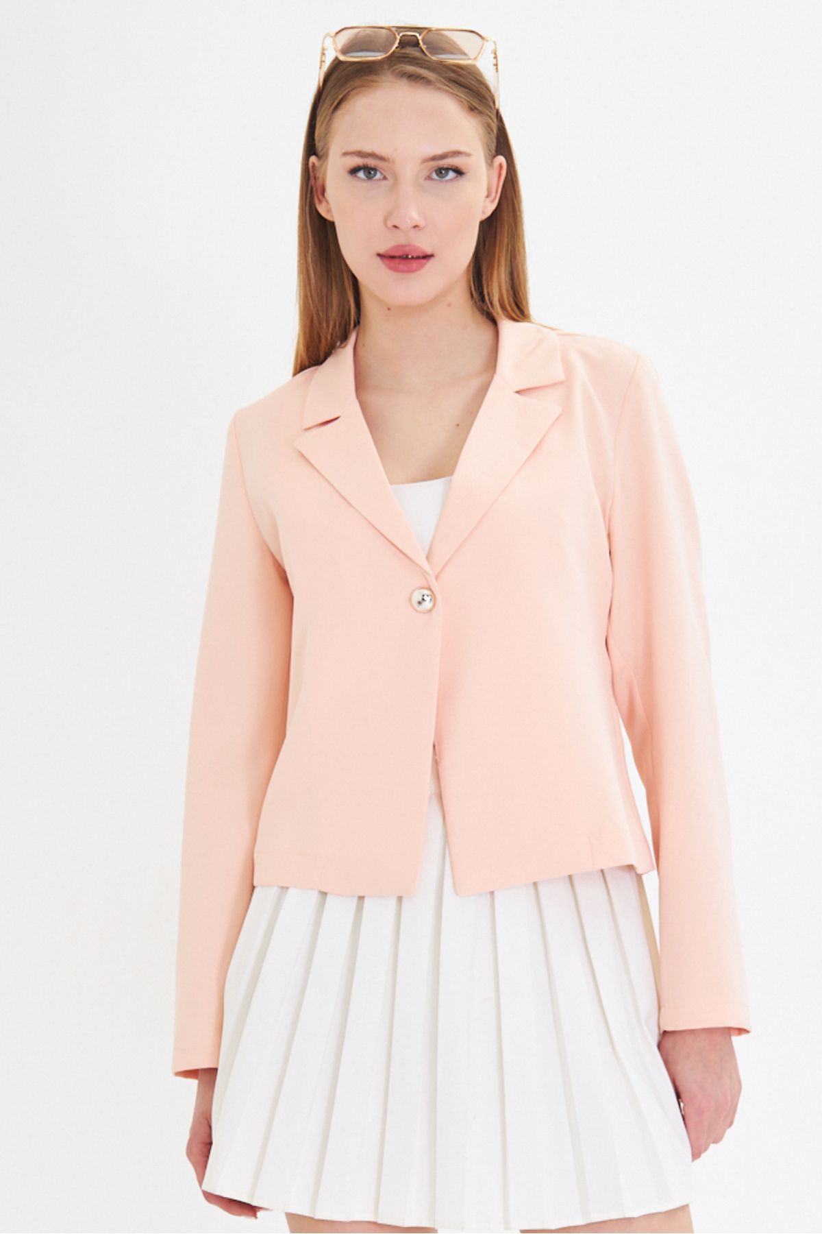 Woman Powder Single button Crop jacket ARM-22Y001237