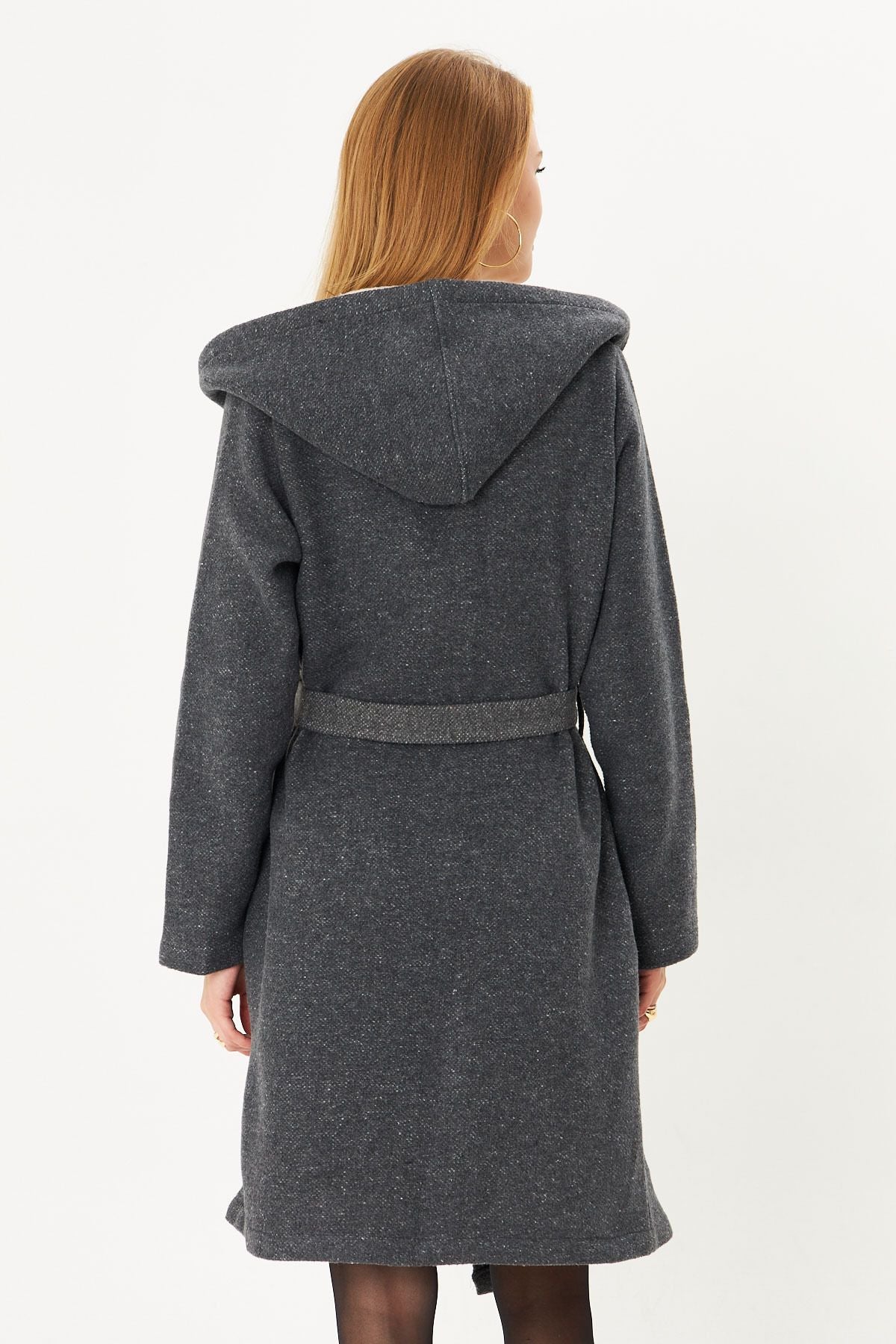 Woman anthracite hooded waist waist mobile detailed coat ARM-25K001054