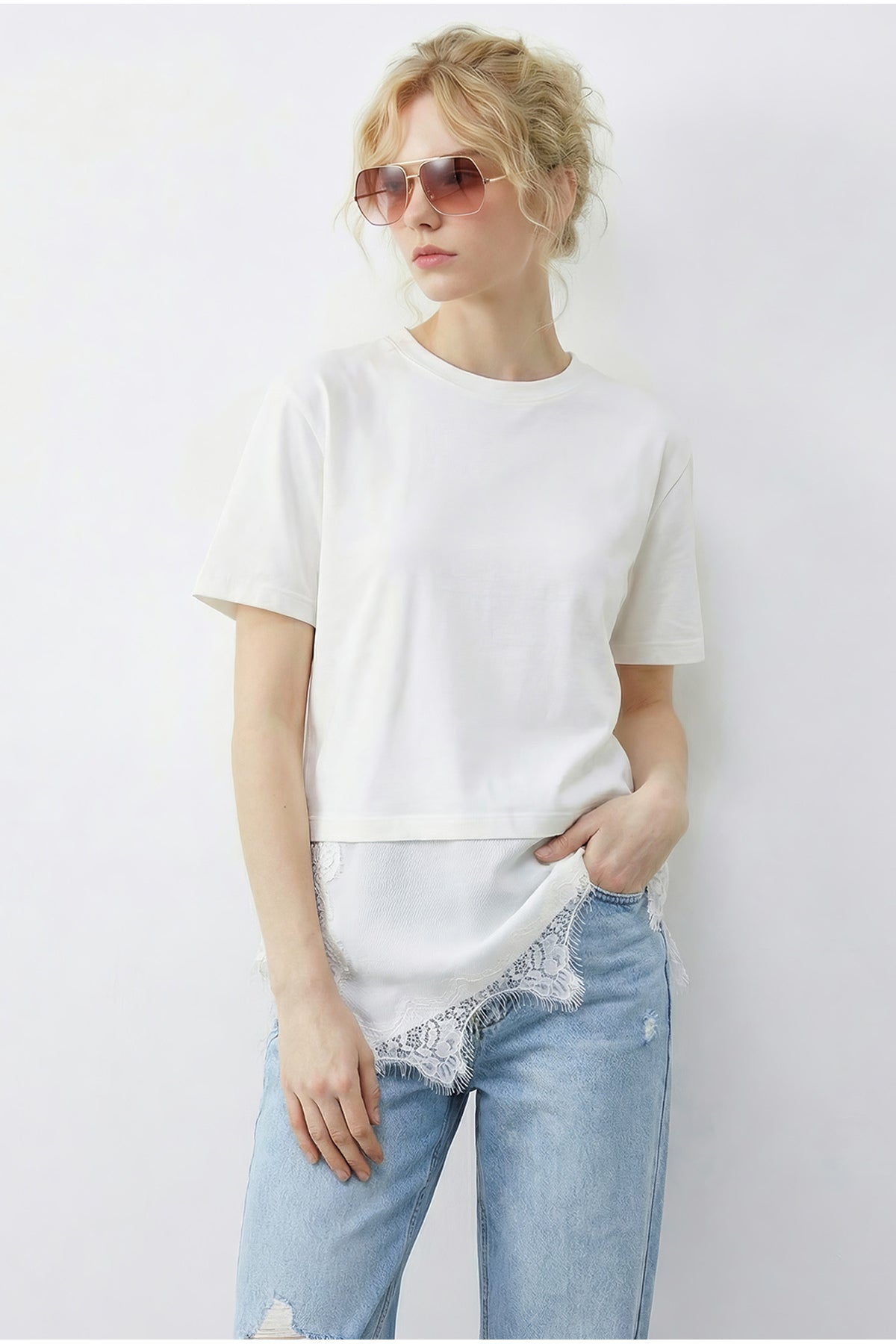 Women's Asymmetrical Lace Hemline Oversize T-Shirt 8716 60283956