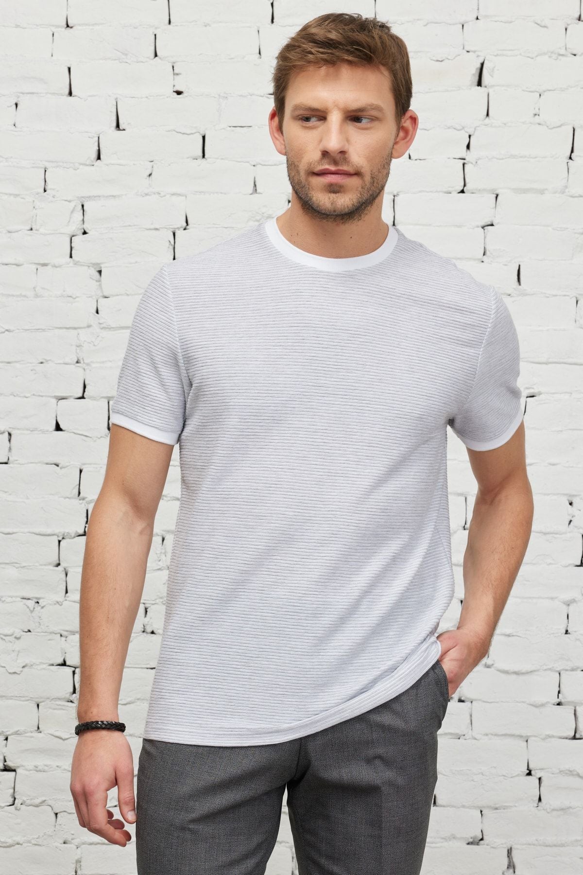 Men's White-Gri Comfort Fit Casual Cut Bike Cotton Cotton Jacquari T-shirt