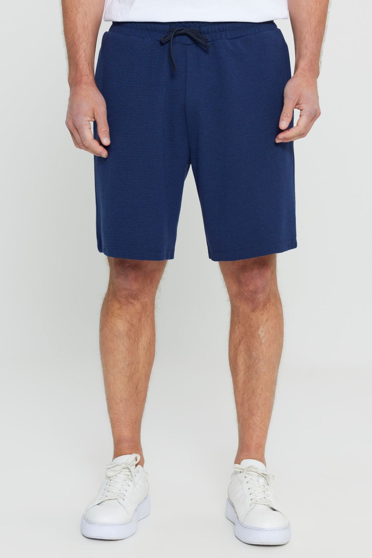 Men's navy blue cotton standard Fit Normal Cut Normal Cutting Waist Located Side Pocket Knitting Shorts
