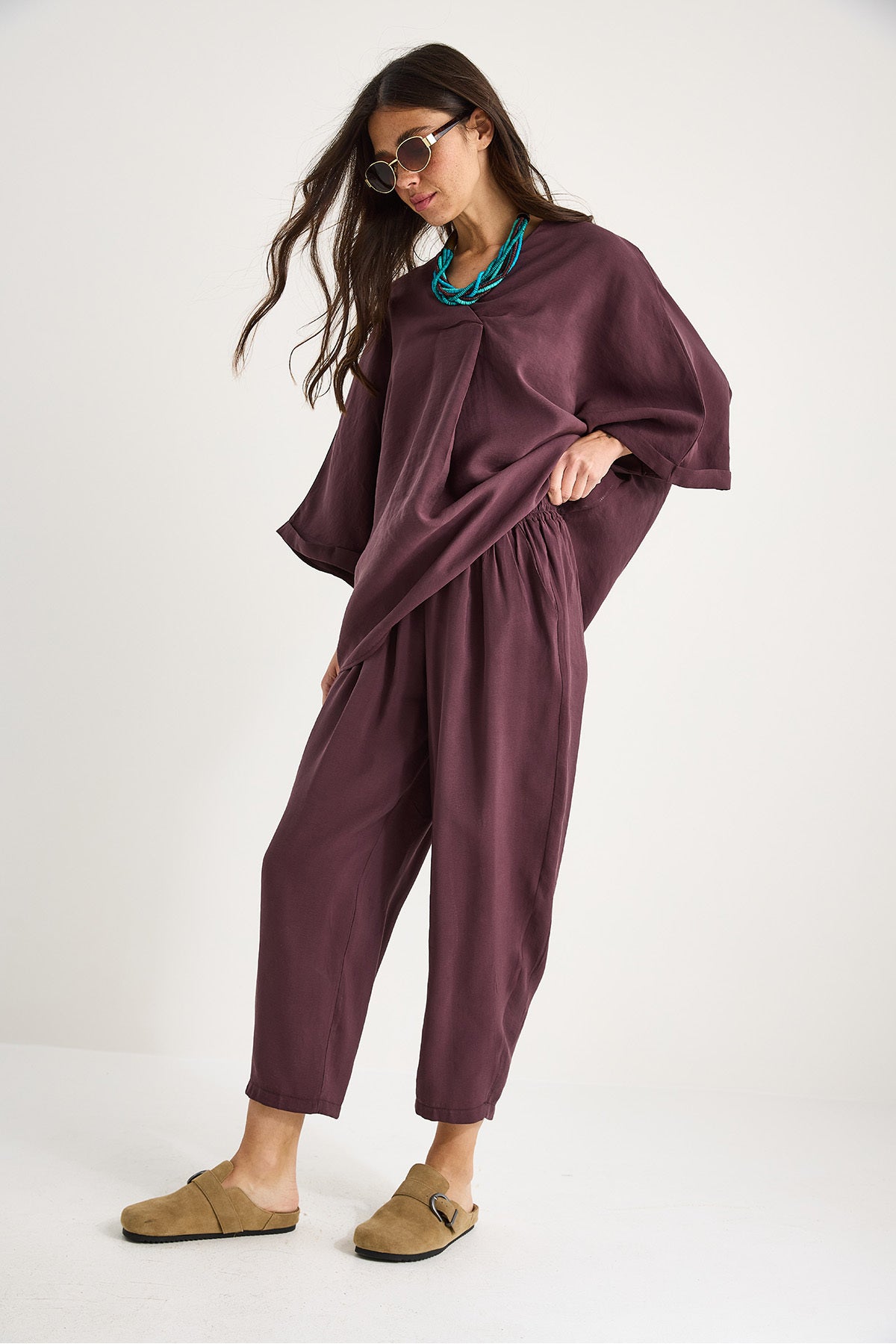 Women's V-Neck Bat Sleeve Blouse Elastic Waist Trousers Modal Suit 60283237