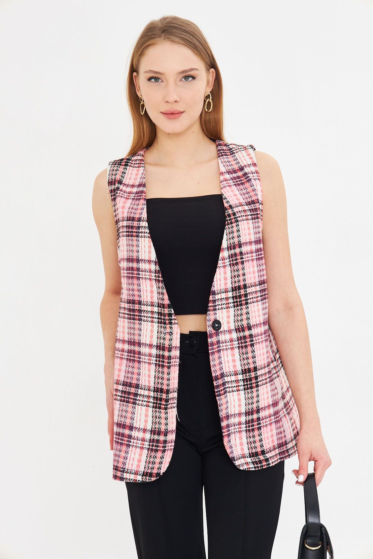 Woman Powder V-Neck Single Button Oversize plaid vest ARM-25K0011111