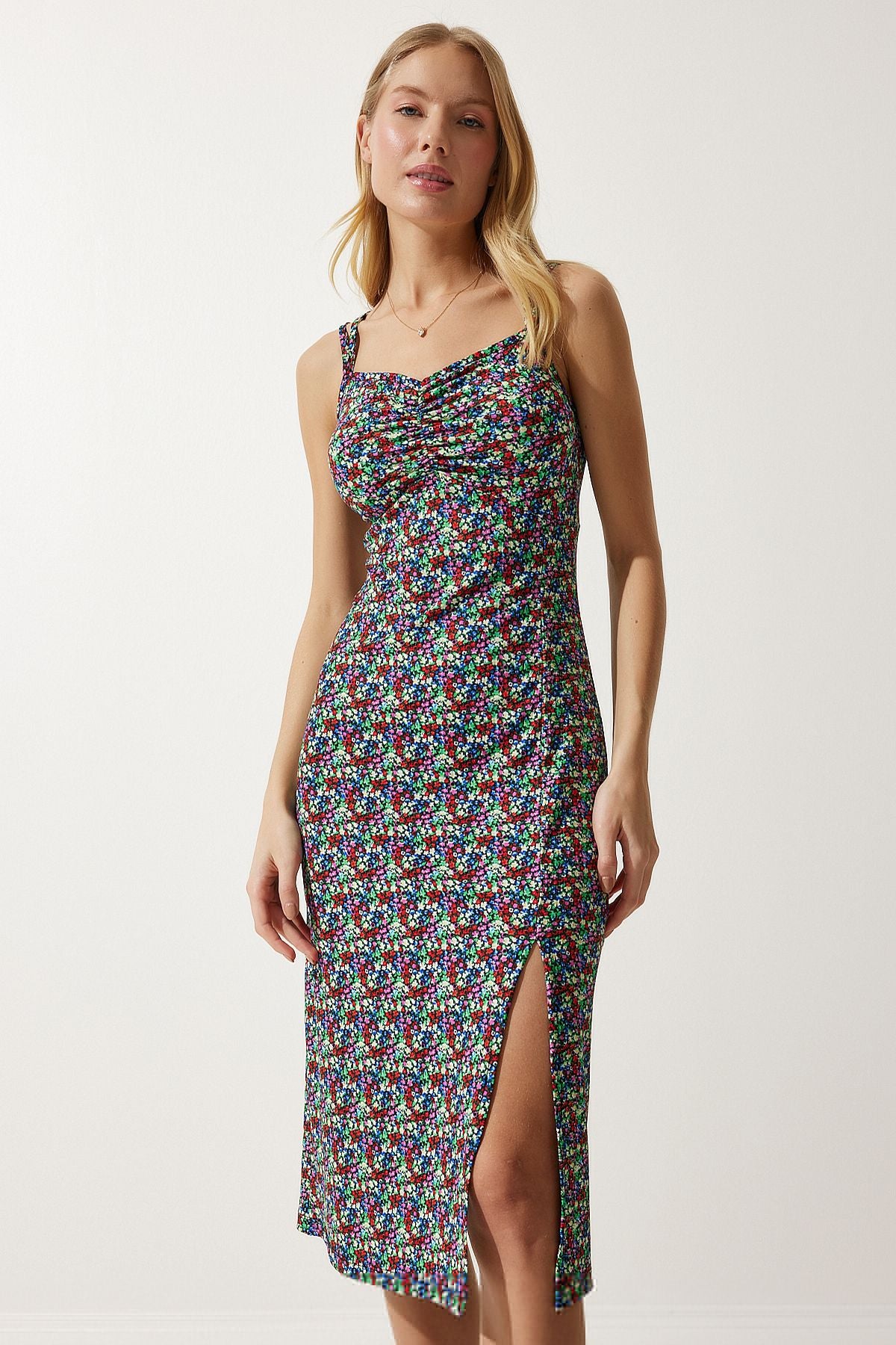 Woman Blue Green Double strap patterned knitted dress mc00262