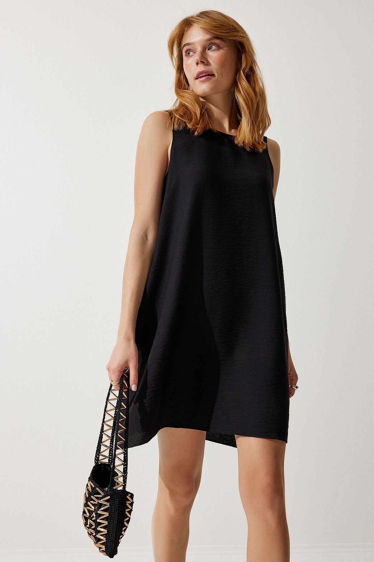 Female black sleeveless linen viscose bell dress jh00005