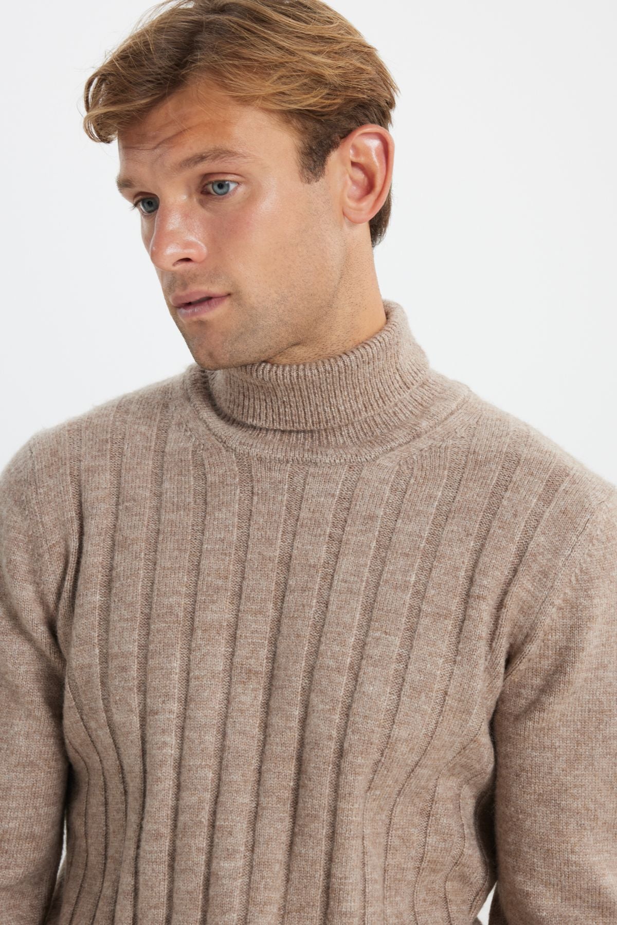 Men's Beige Melanj Standard Fit Normal Cut Full Fisherman Neck Jacquard Knitwear Sweater