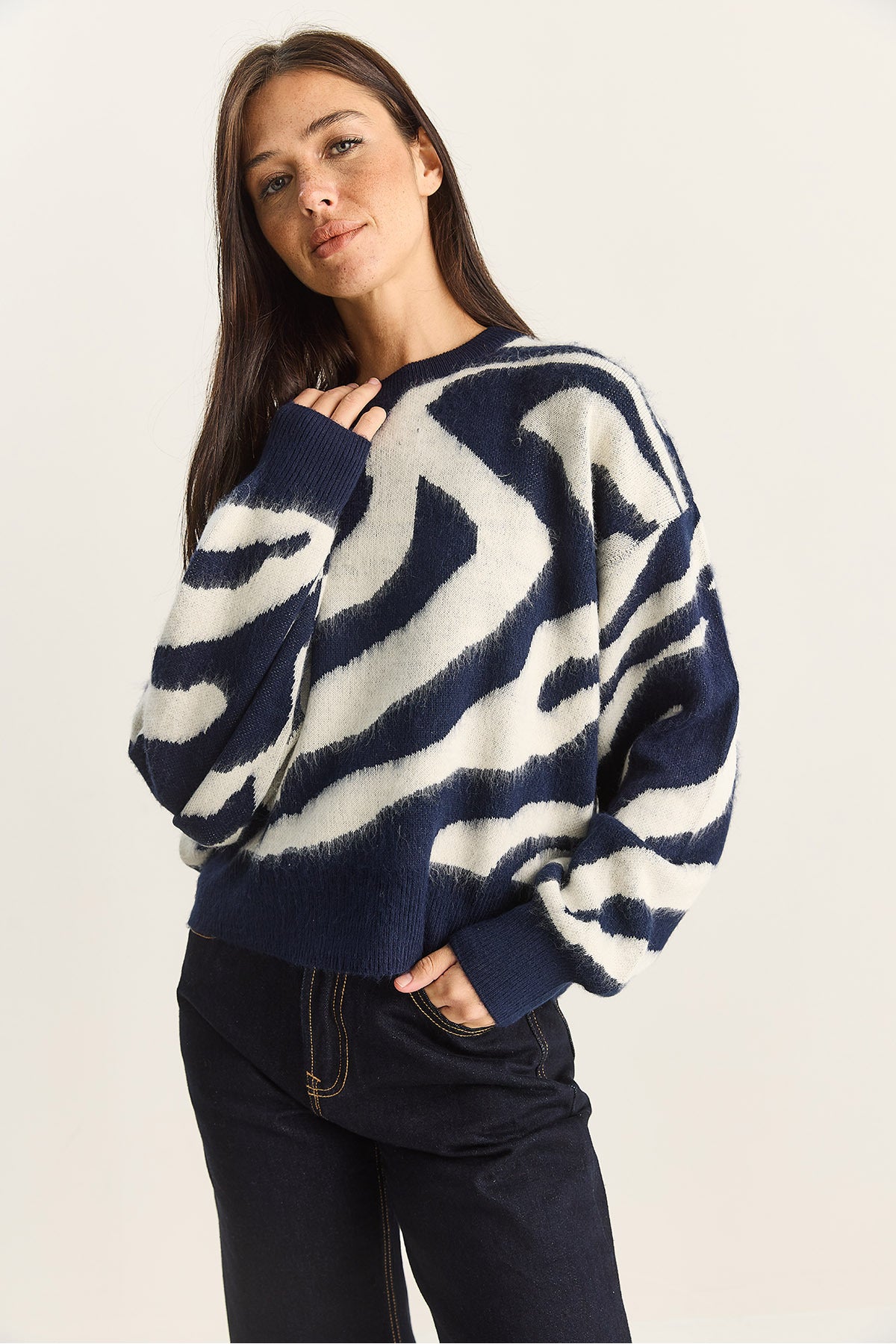 Women's Thick Zebra Patterned Crew Neck Ribbed Knitwear Sweater 60285006