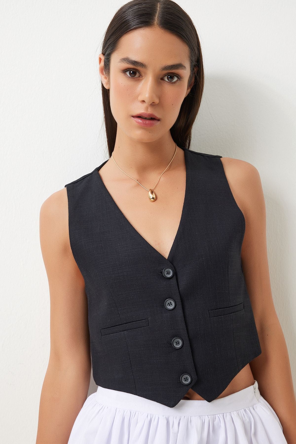 Female Black Linen Short Vest KT00011