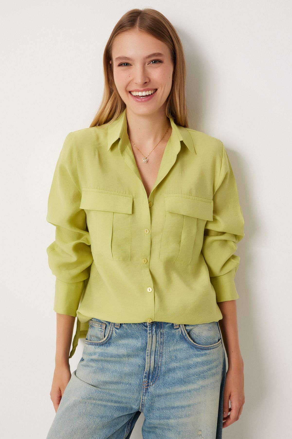 Women's Fat Green Wide Pocket Tensel Shirt FN03243