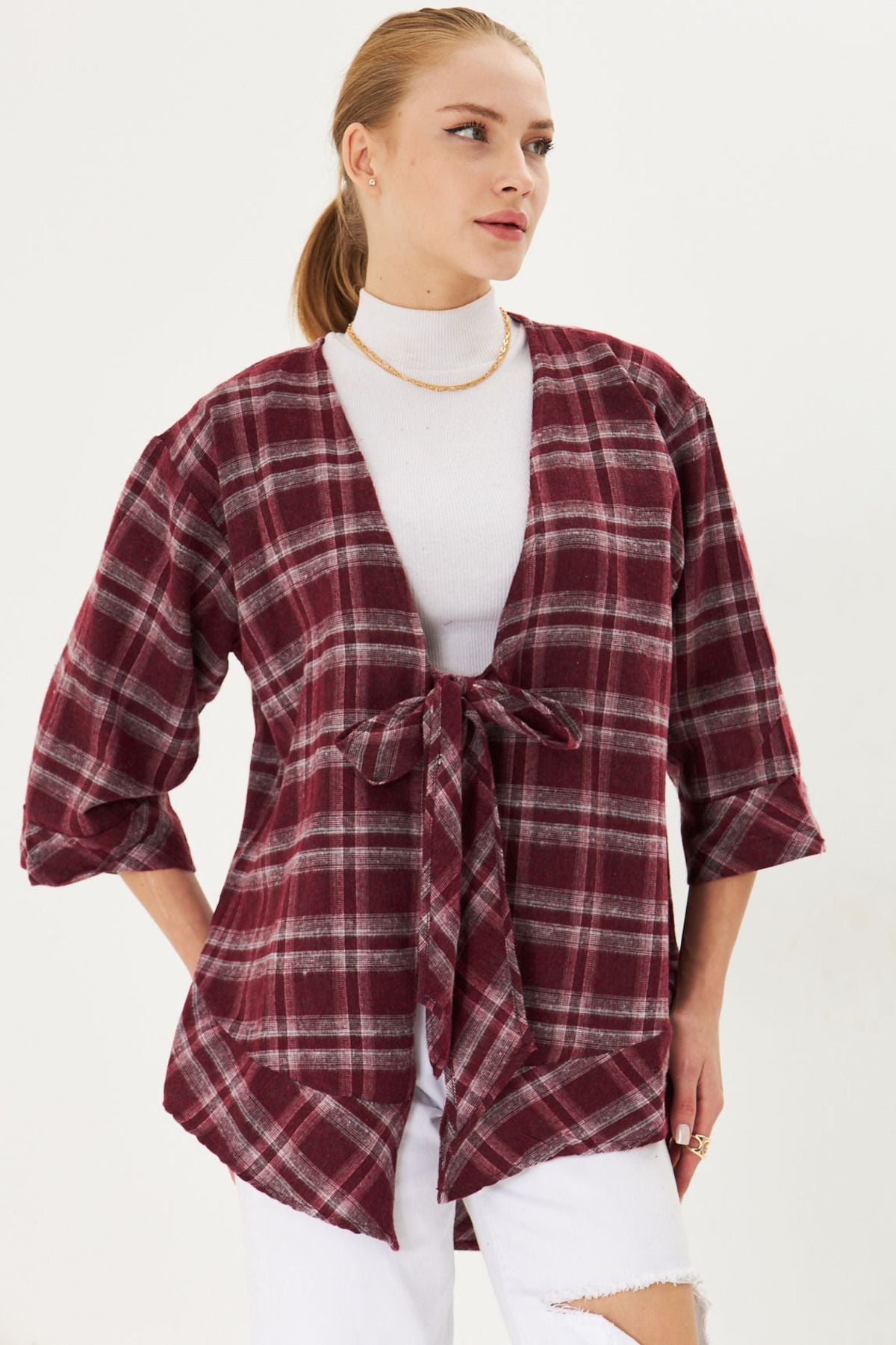 Women Bordeaux-Gri front connecting Eco Kimono Shirt ARM-25K001017