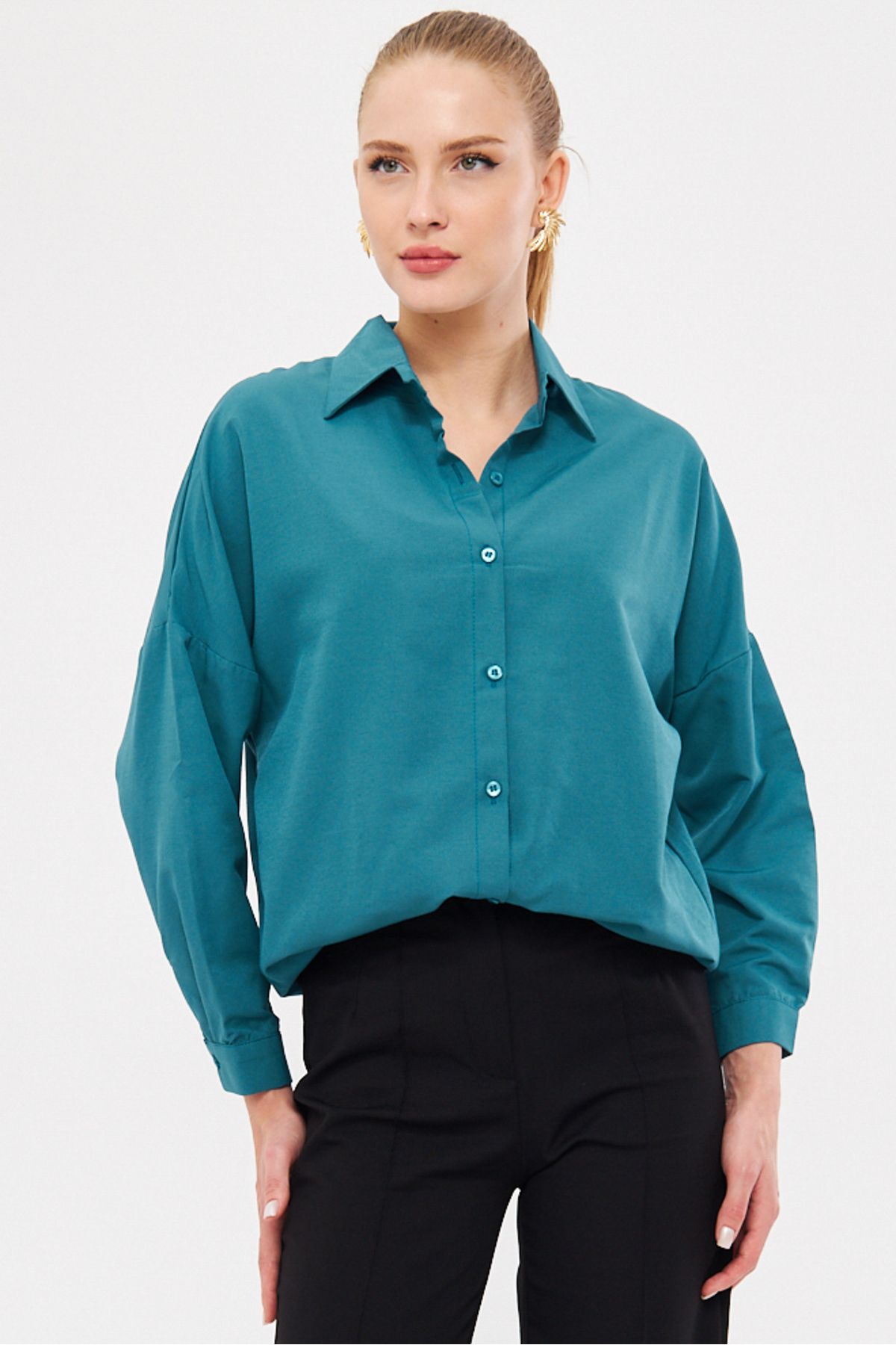 Women's Petroleum Oversize Long Basic Shirt ARM-221118