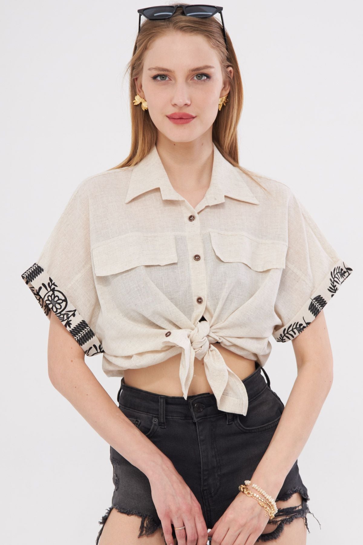 Woman Beige Oversize double arm detailed shirt ARM-24Y001075