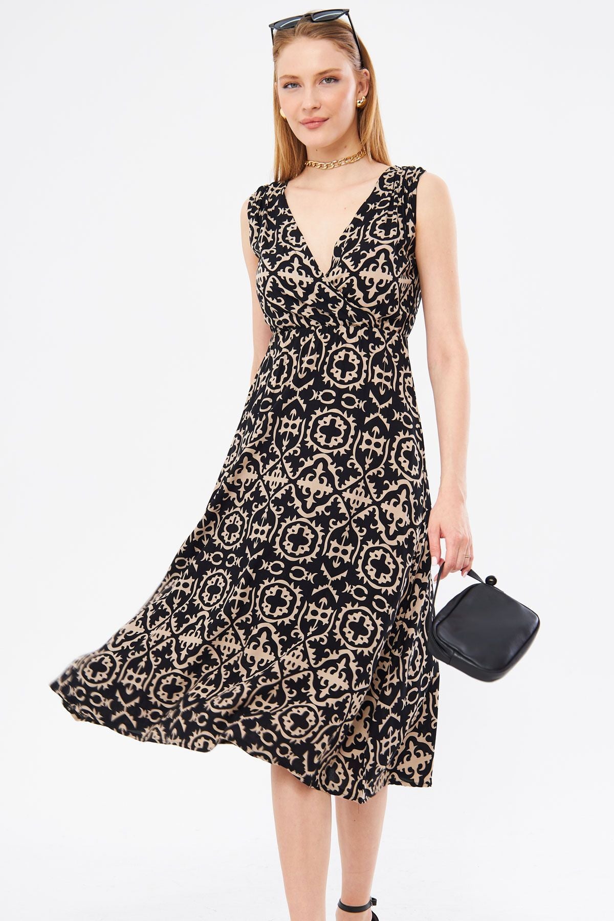 Female Black Patterned Waist and Shooter Cruve Cruve Yaka Midi Skirt Dress ARM-24Y001052