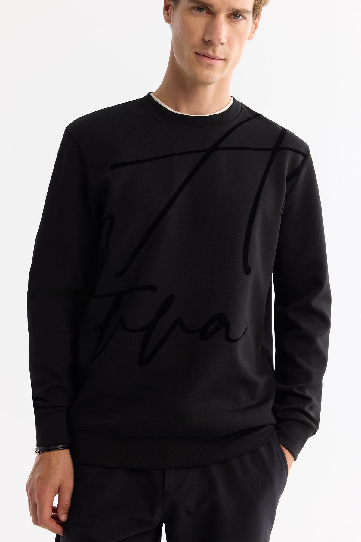 Men's black bike collar cotton printed elastan sweatshirt a42y1268