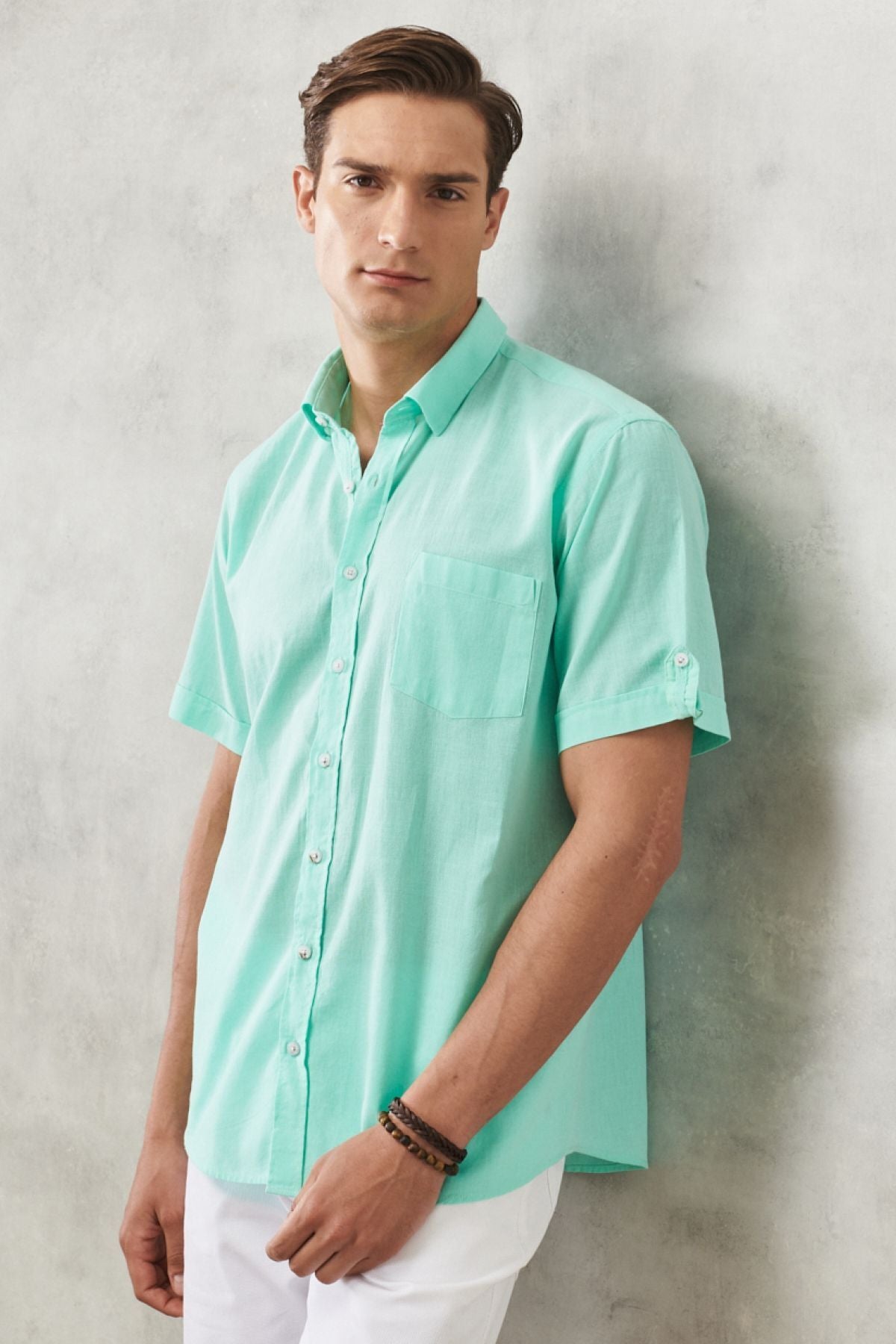 Men's Mınt Comfort Fit Casual Cutting Buttoned Neck Linen Looking 100 %Cotton Planned Short Sleeve Shirt