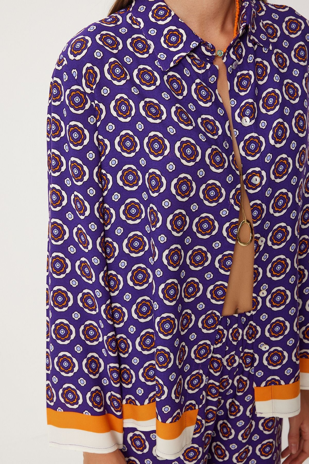 Woman purple white patterned summer viscose shirt palazzo pants set FN03272