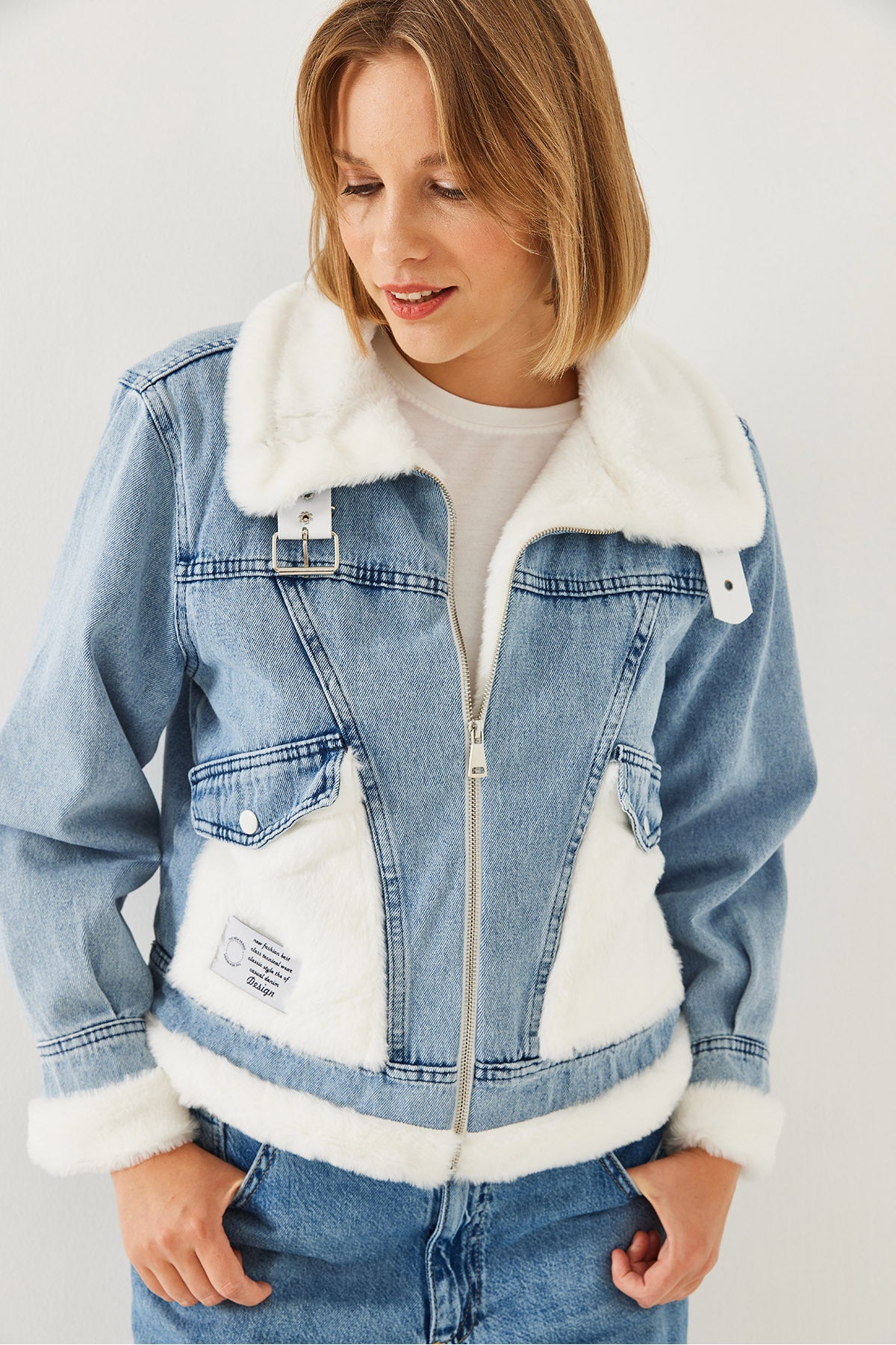 Women's Belt Detailed Furry Denim Coat 2438 60251947