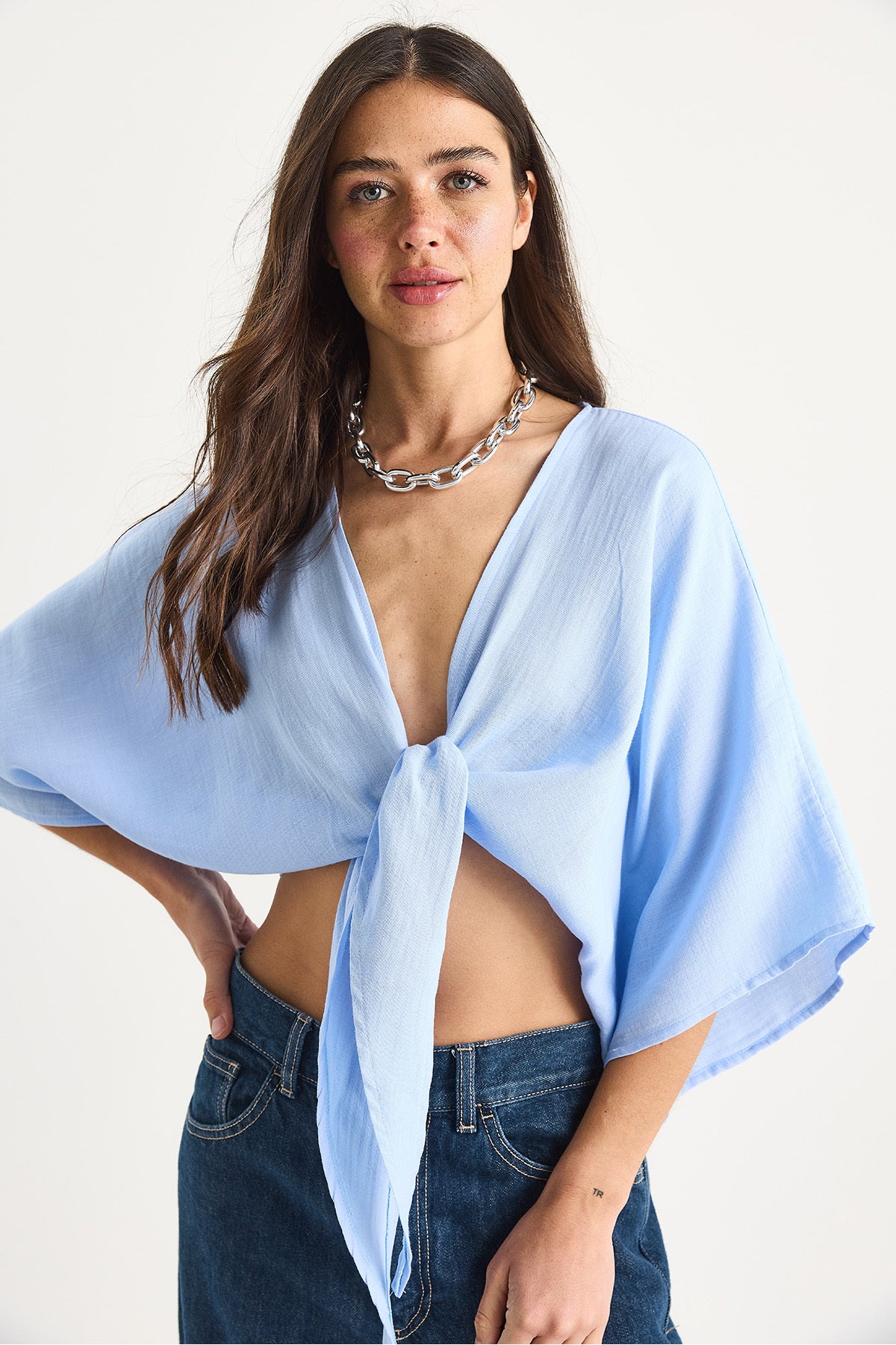 Women's Wide Sleeve V-Neck Tie Detailed Muslin Blouse 4729 60283396