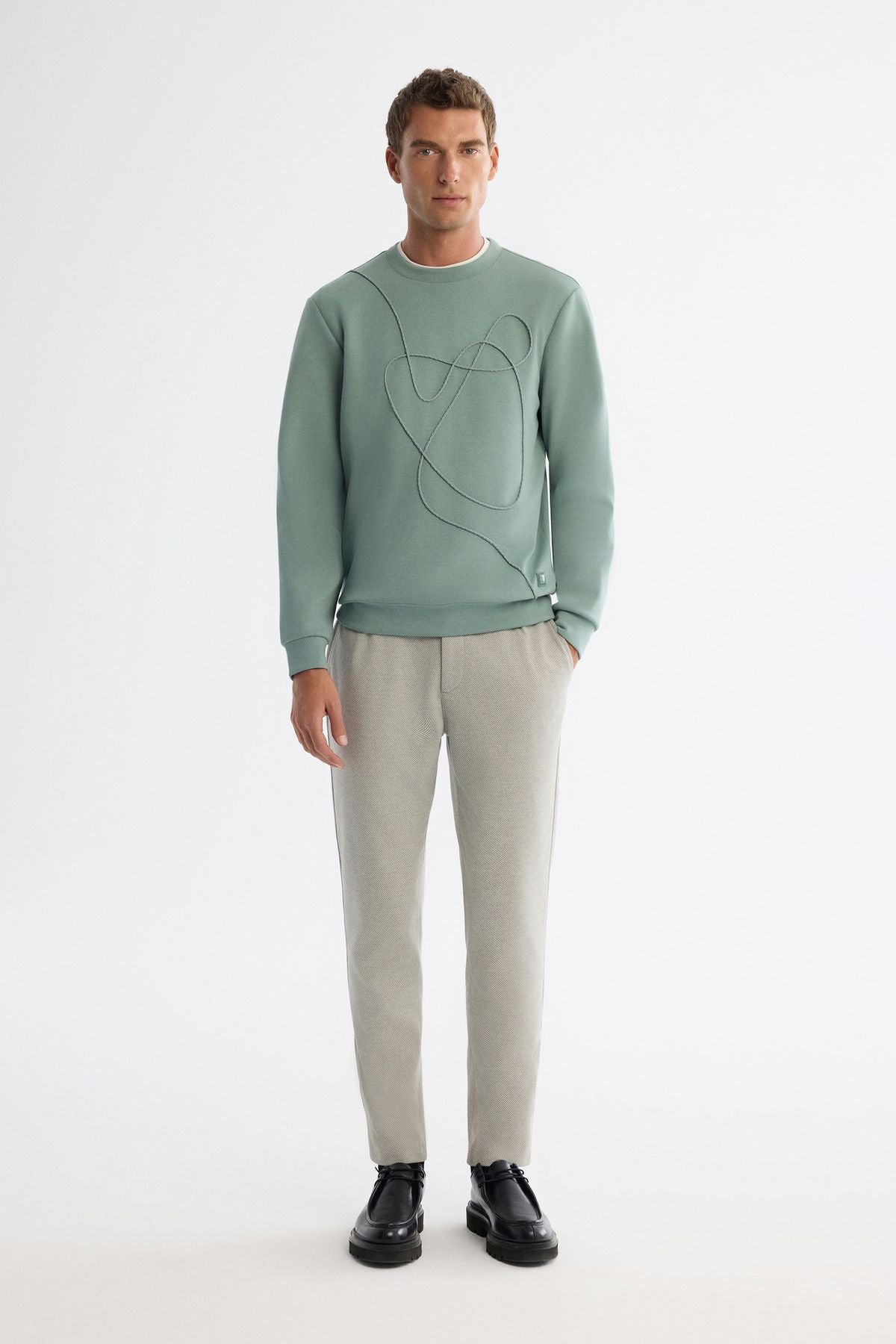 Men's Mint Green Bike Collar Cotton Embroidery Sweatshirt A42y1247