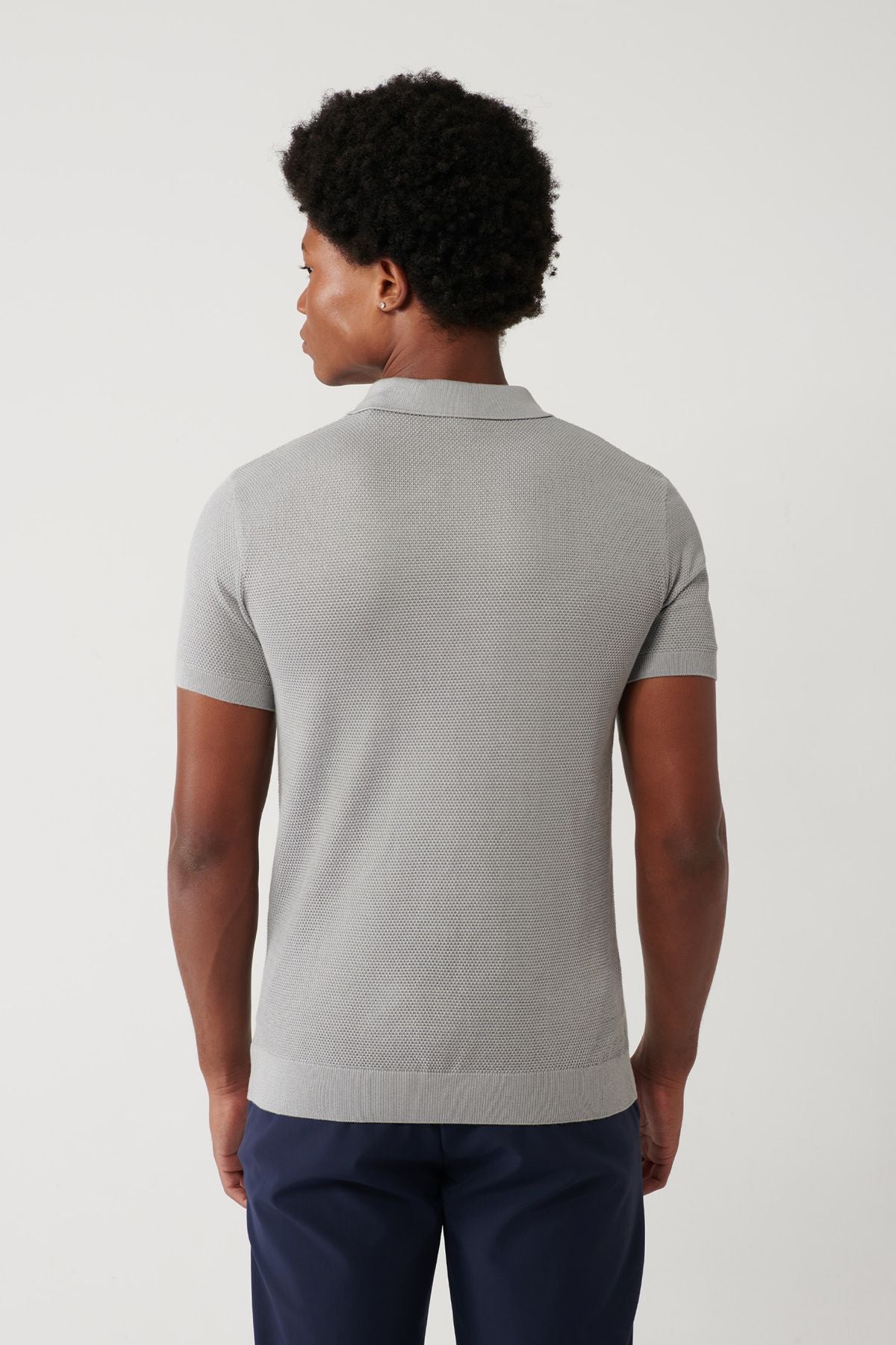 Men's gray 3 button textured riban Polo Yaka Triko T-Shirt B005009