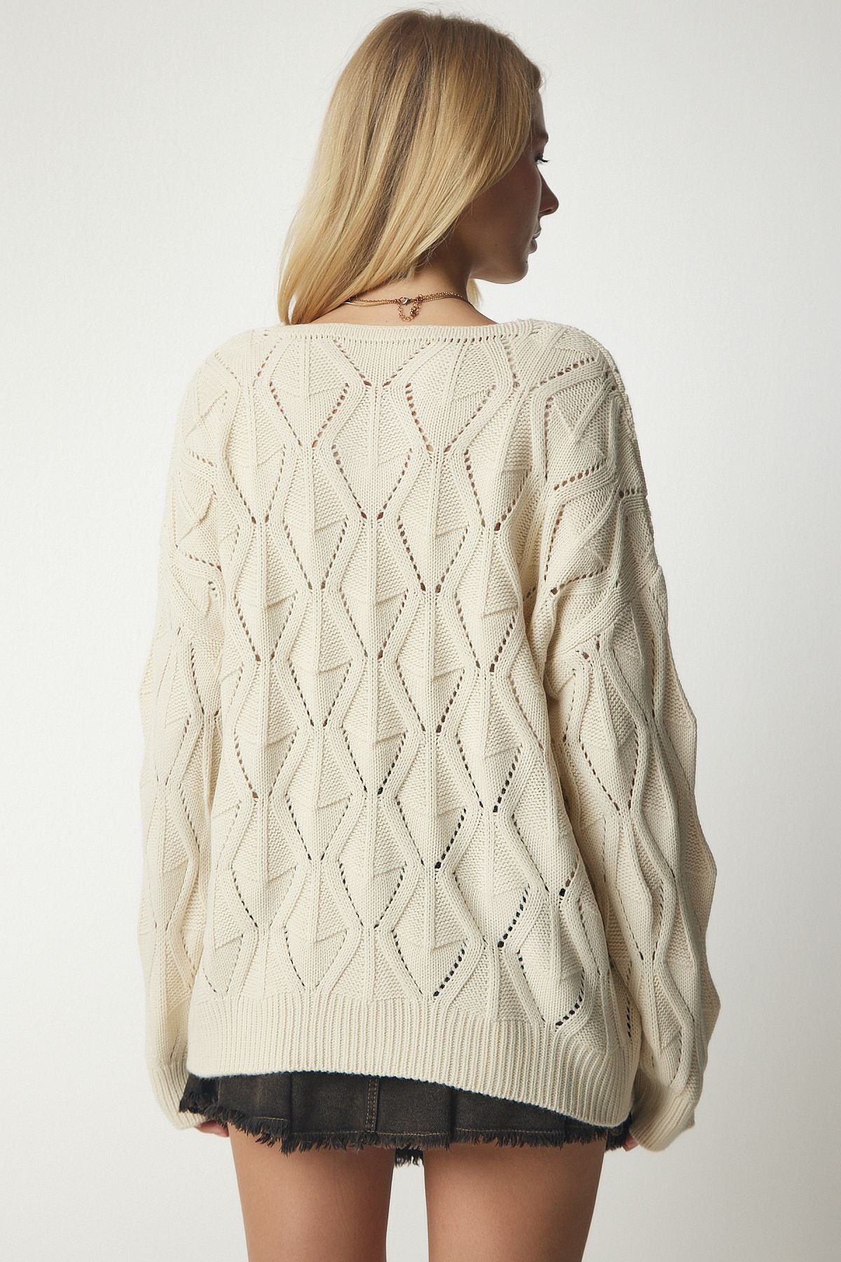 Women's Cream Knitting Motif Offer Triko Cardigan PF00014