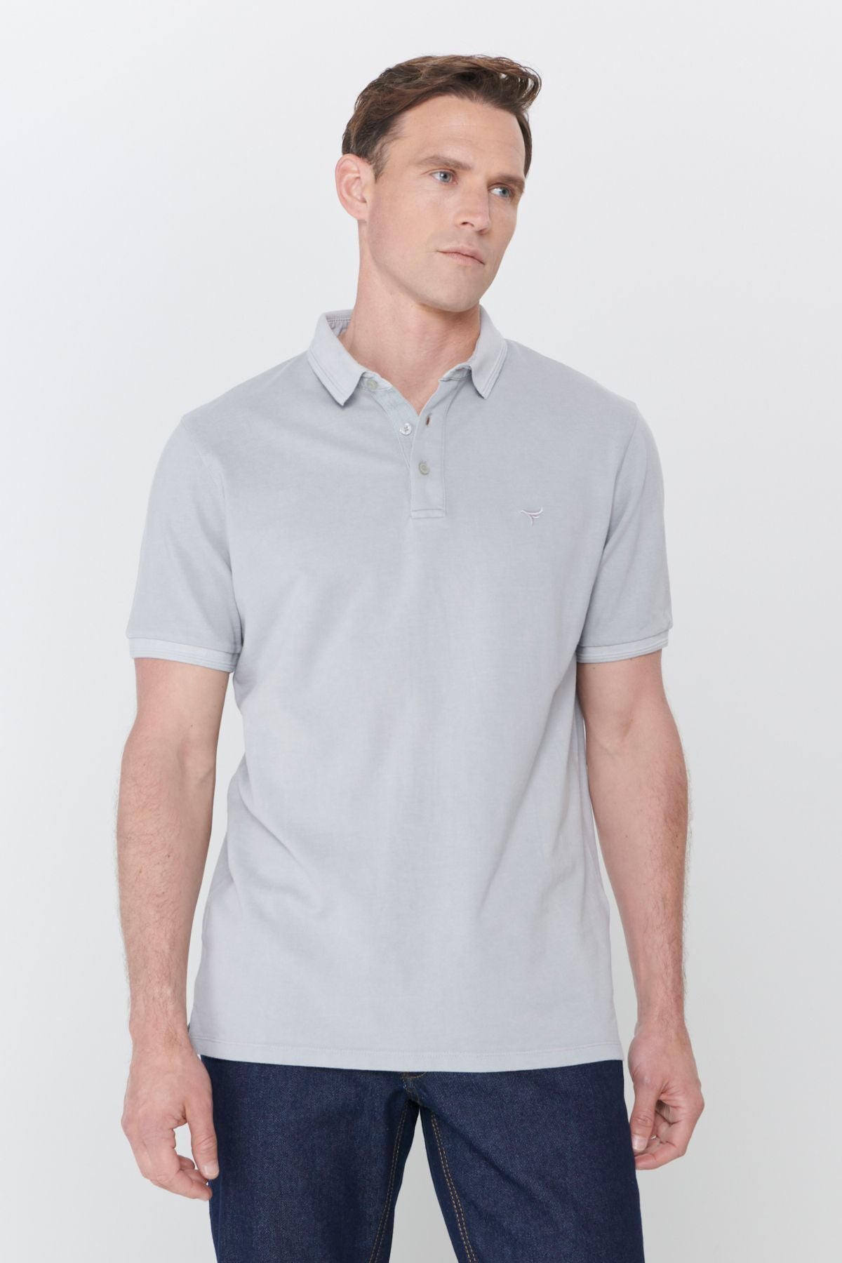 Men's gray slim fit narrow cut polo collar 100 %cotton patterned T -shirt