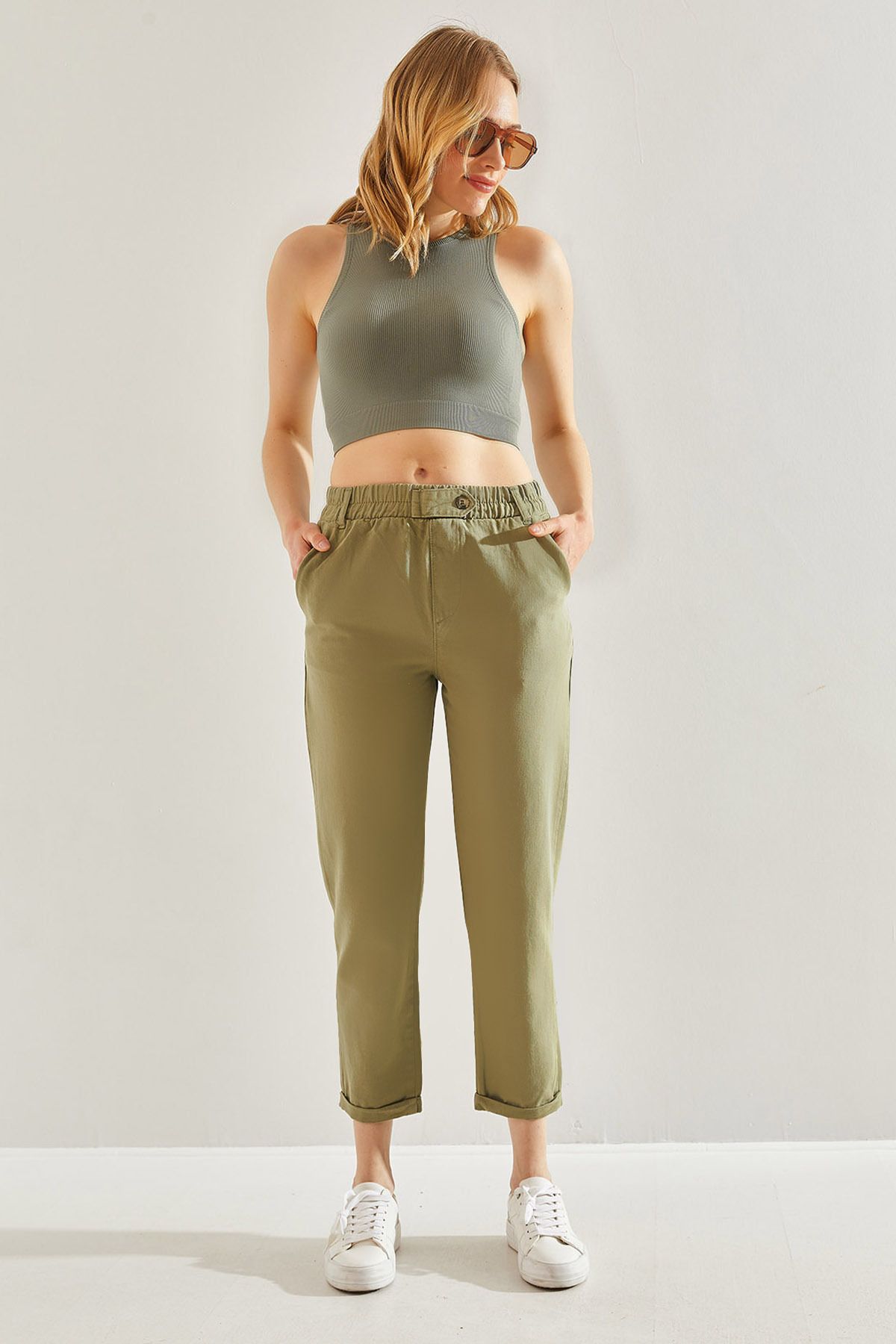 Women's waist rubber piece detailed gabardin pants 60221014