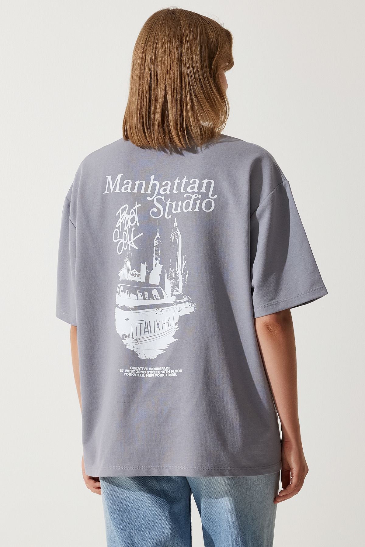 Woman Gray Printed Oversizle Two Yarn Knitting T-Shirt AN00191