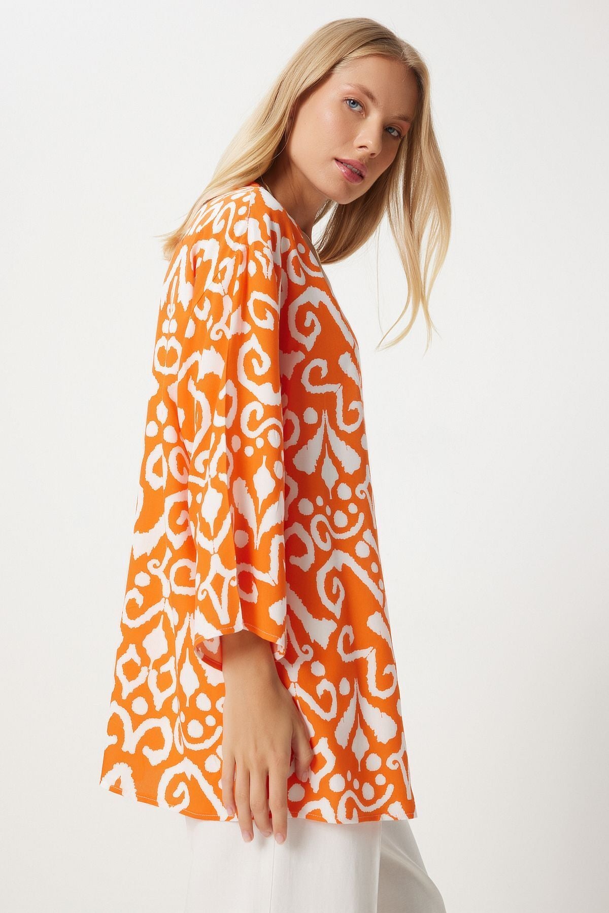Female Orange Ecru Patterned Viscose Kimono EN00615