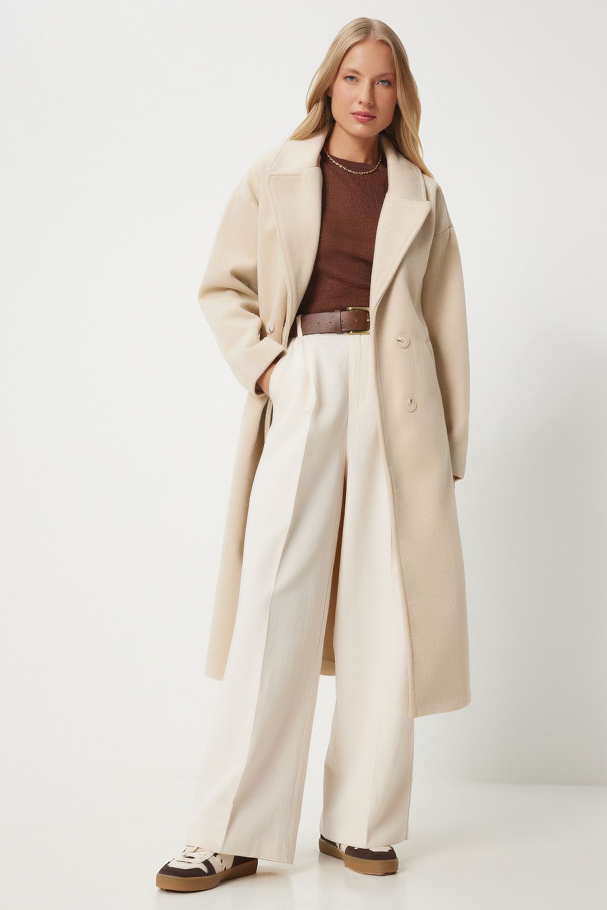 Female Beige Cruve Yaka Stamp Coat DD01337