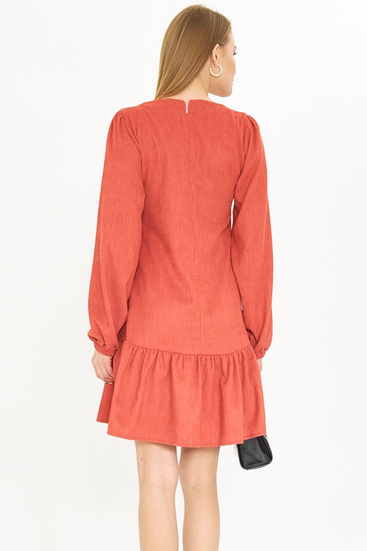 Women's Salmon U collar skirt tip frilly arms with rubber velvet short dress ARM-25K001086