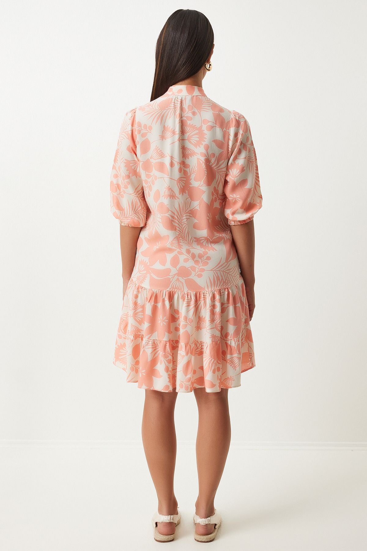Female peach patterned dominant collar viscose dress FN03229