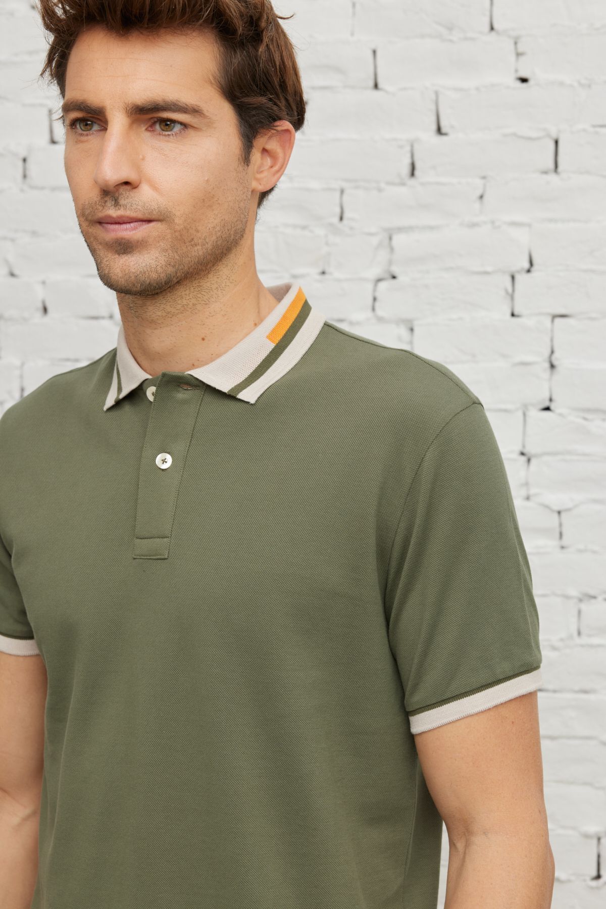 Male Khaki Slim Fit Narrow Cut 100 %Cotton Curiated Polo Yaka T -shirt