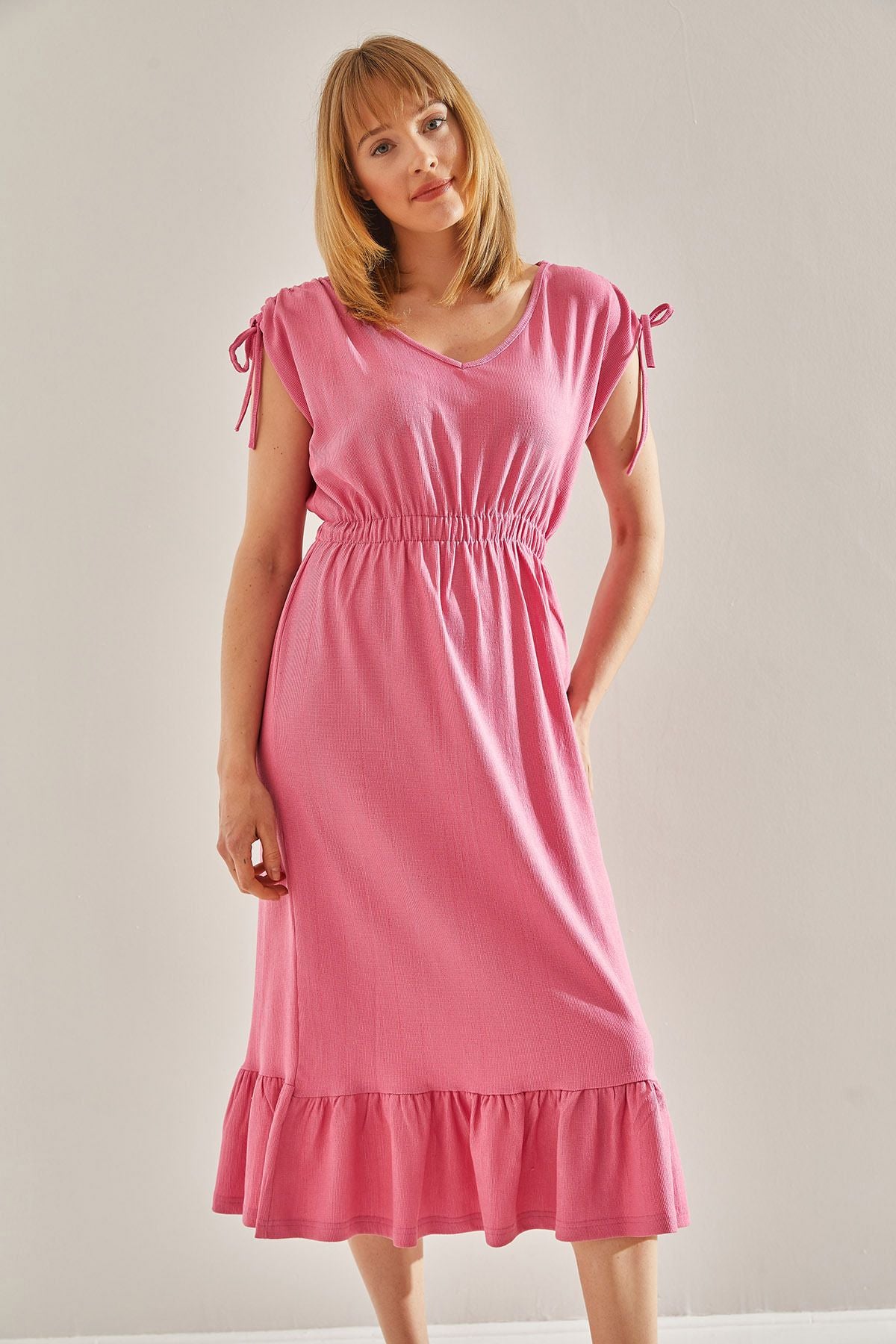 Woman Pink Shoulder and Waist Shirred Skirt Ruffled V -Neck Dress 60251003