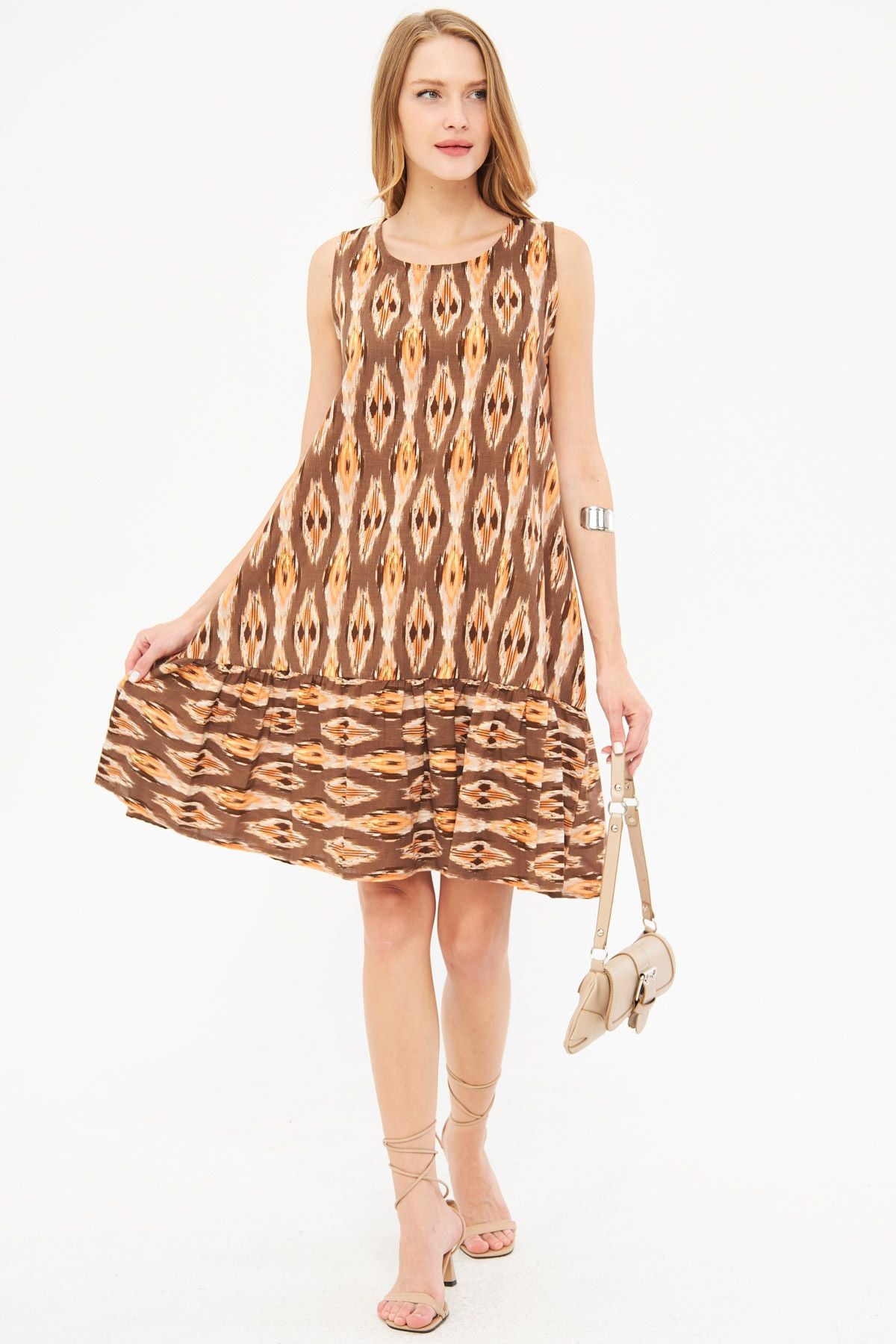 Woman Coffee Patterned Sleeveless Skirt Ruffled Dress ARM-22K001142