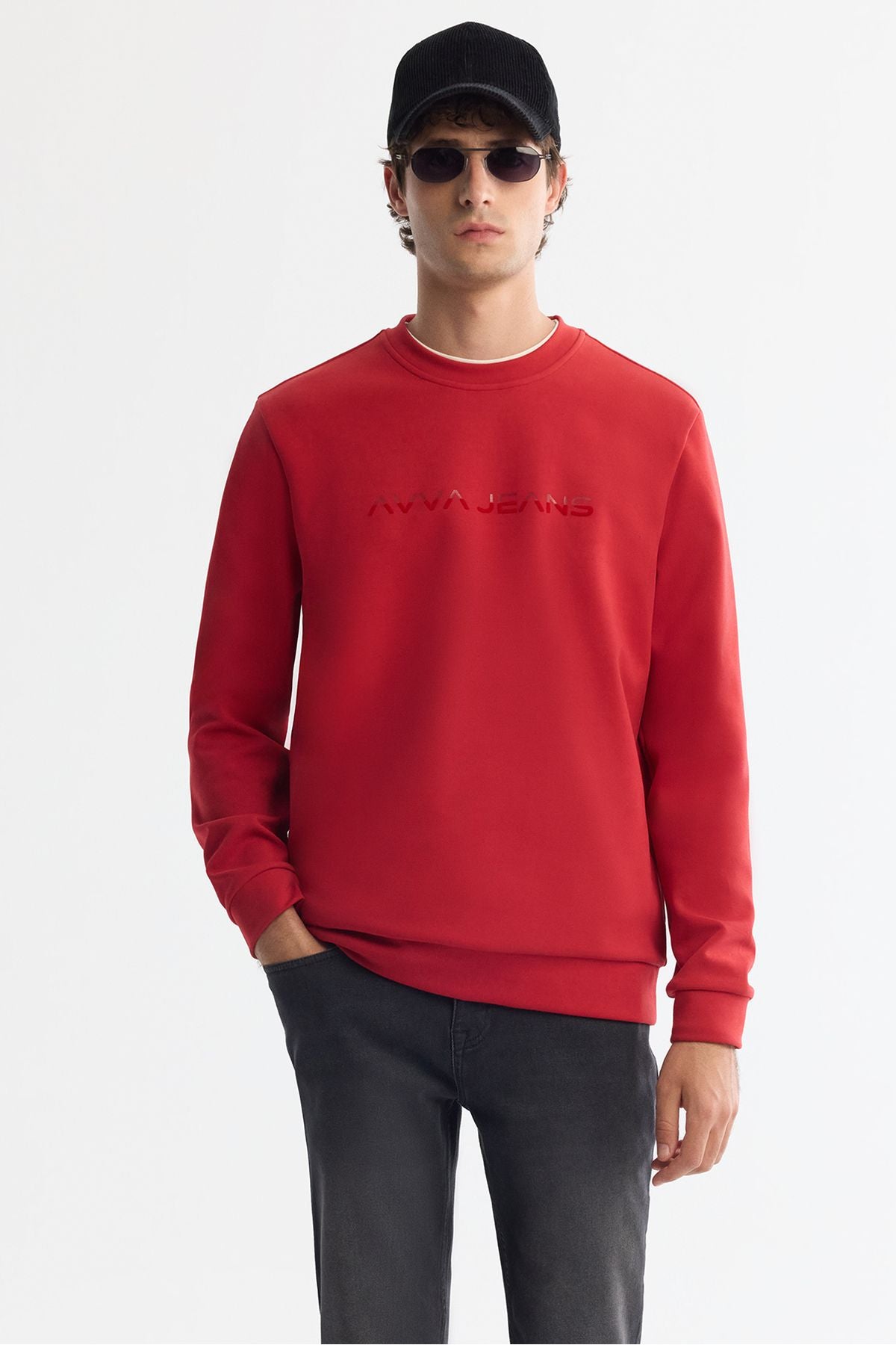 Men's Red Bicycle Collar Cotton Printed Elastan Sweatshirt A42Y1221