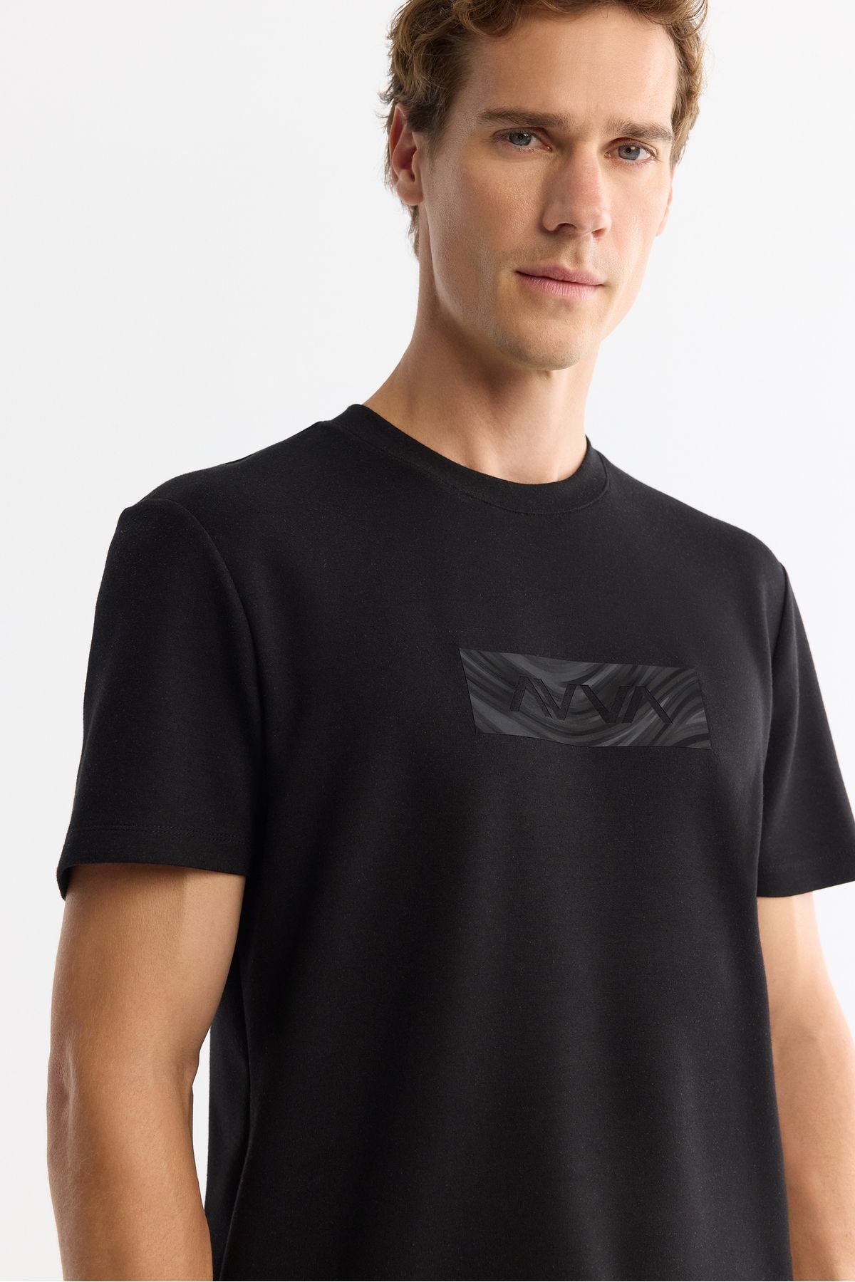 Men's Black Bicycle Collar Printed Elastan T-Shirt A42y1007