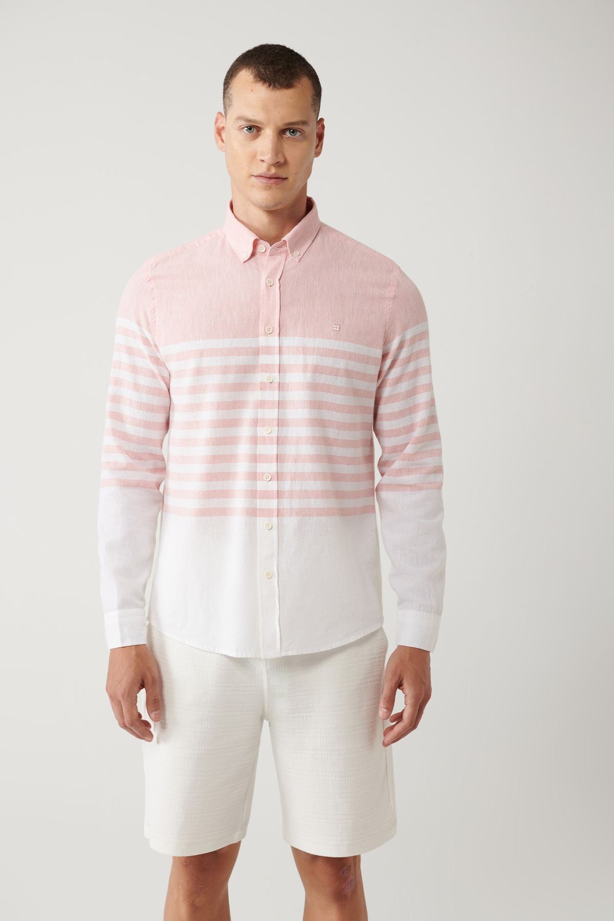Men's light pink button collar panel striped shirt A41y2190