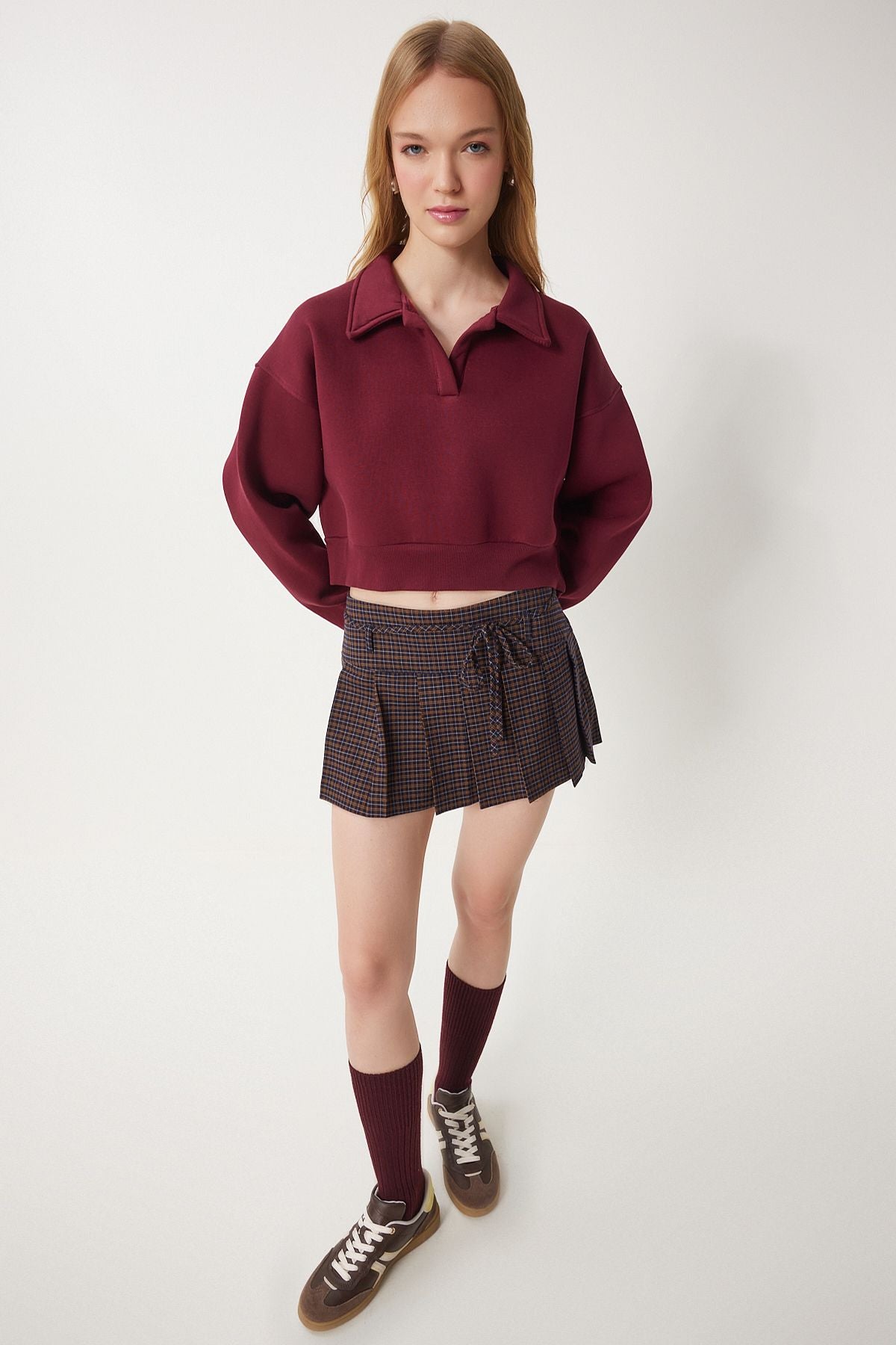 Female Bordeaux Polo Yaka Crop Knitting Sweatshirt HW00014