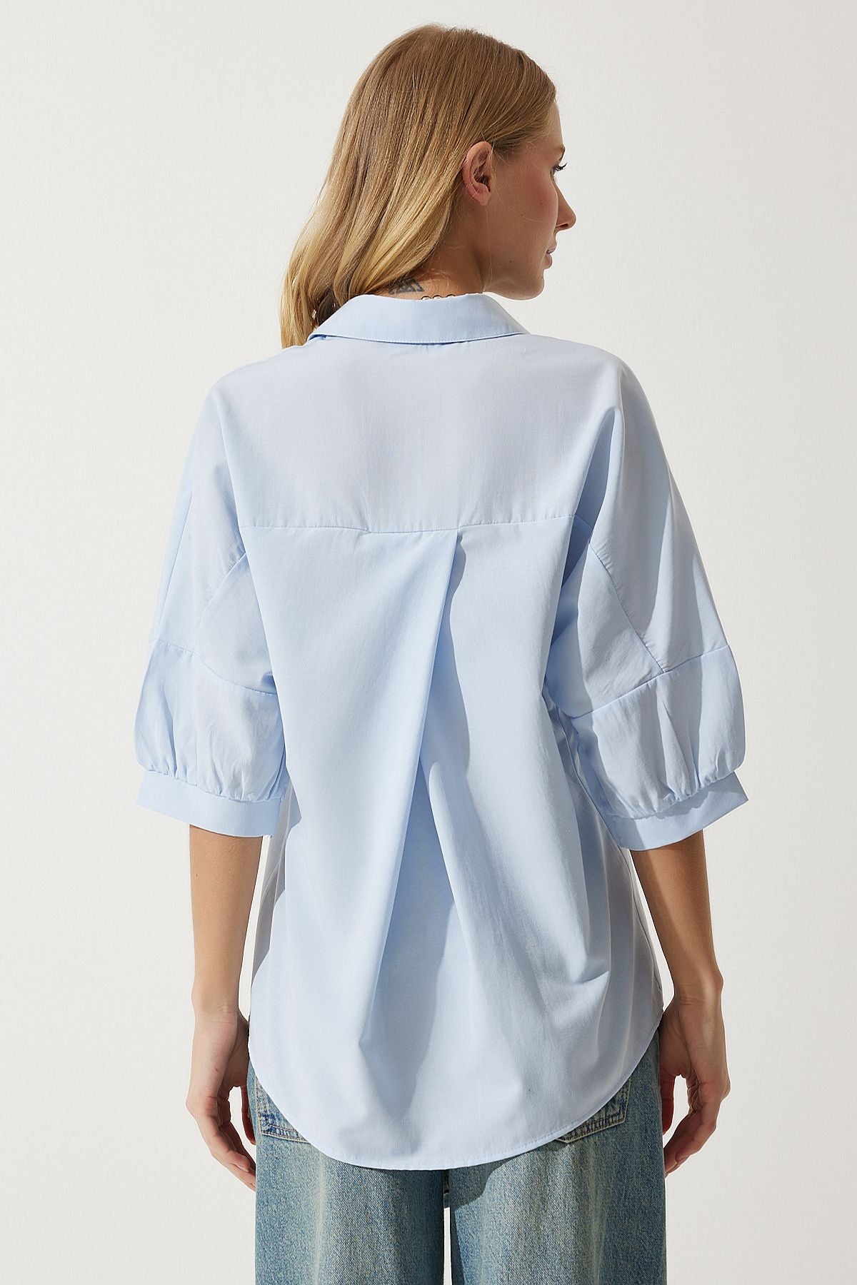 Woman Sky Blue Balloon Sleeve Poplin Shirt DD01308