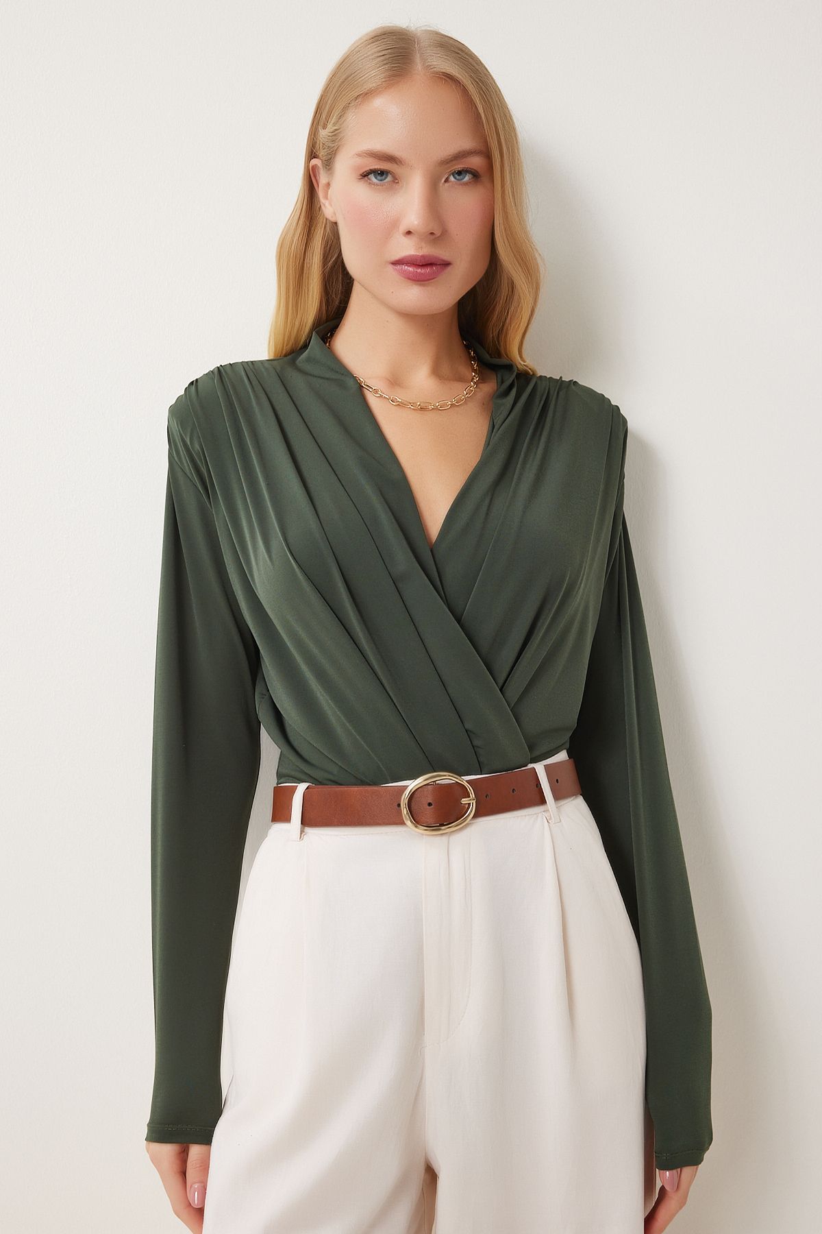 Women Khaki Anvelop Yaka Sandy Blouse Zh00039