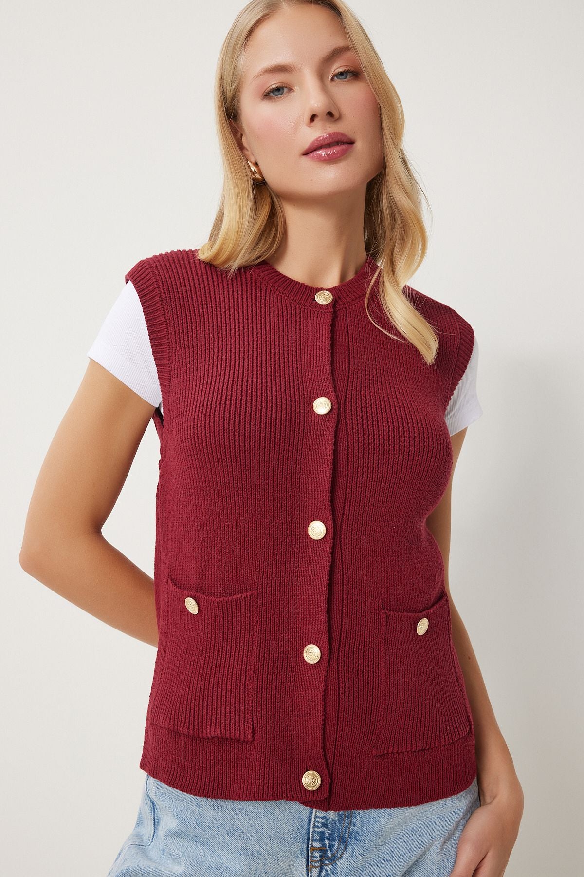 Women's Bordeaux Stylish Button Pocket Triko Vest US00948