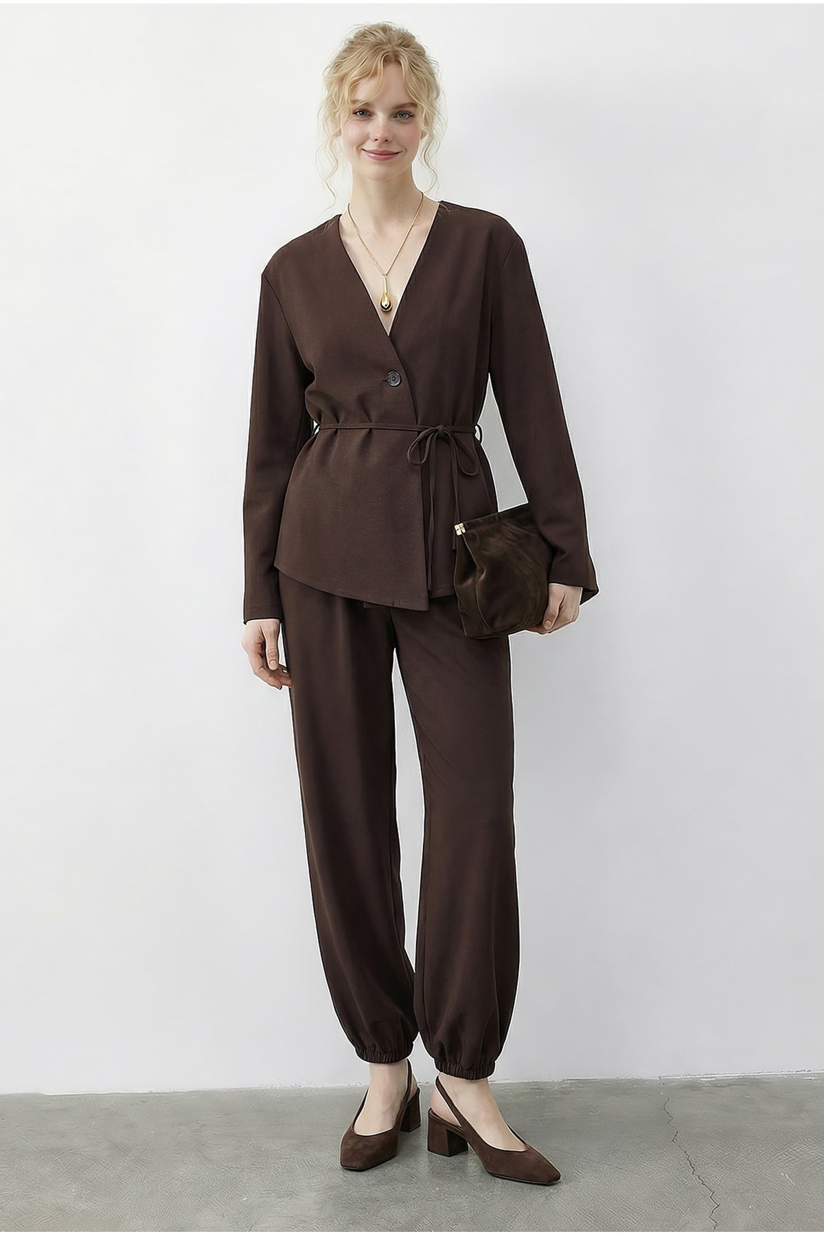 Women's Top-Bottom Set with Tie-Up Double Breasted Jacket and Comfortable Trousers with Elastic Legs 60610 60283990