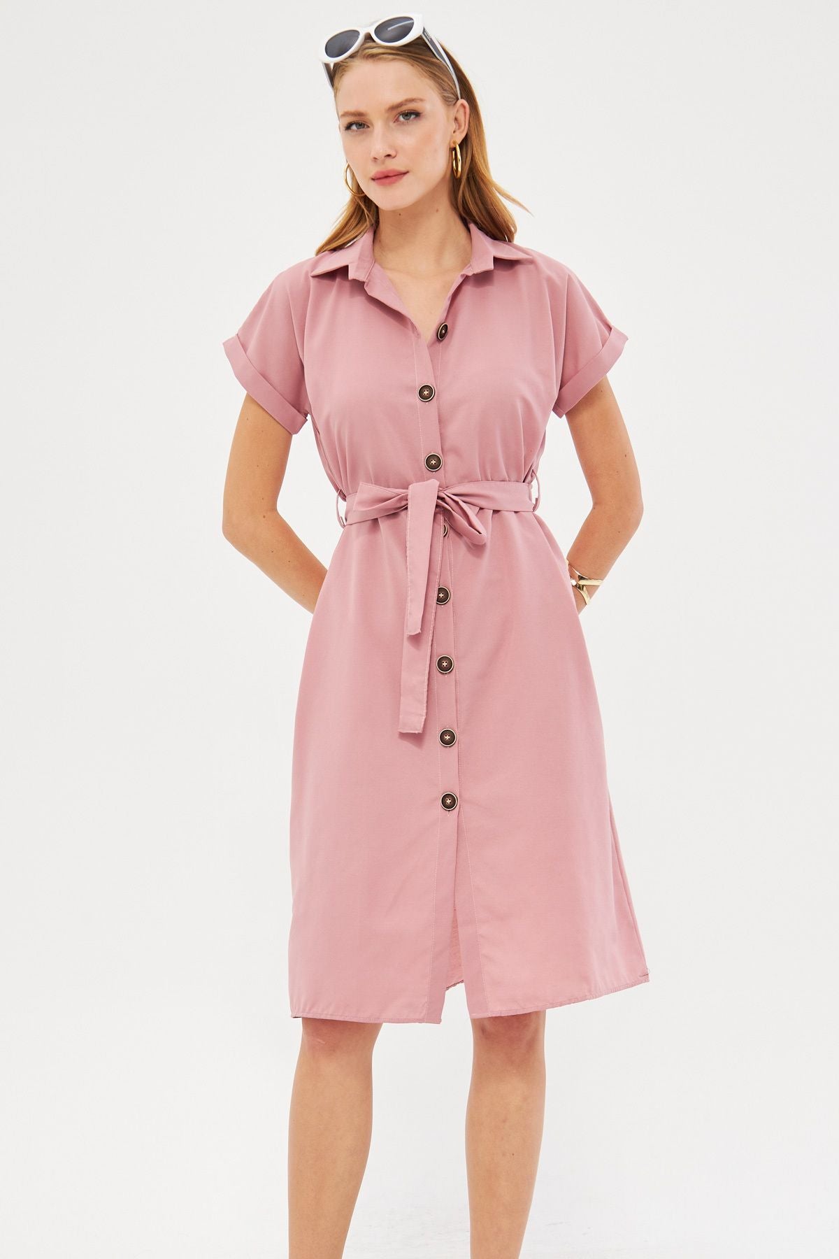 WOMEN OPEN ROSE DRY WALL Belt Short Sleeve Shirt Dress ARM-19Y001068