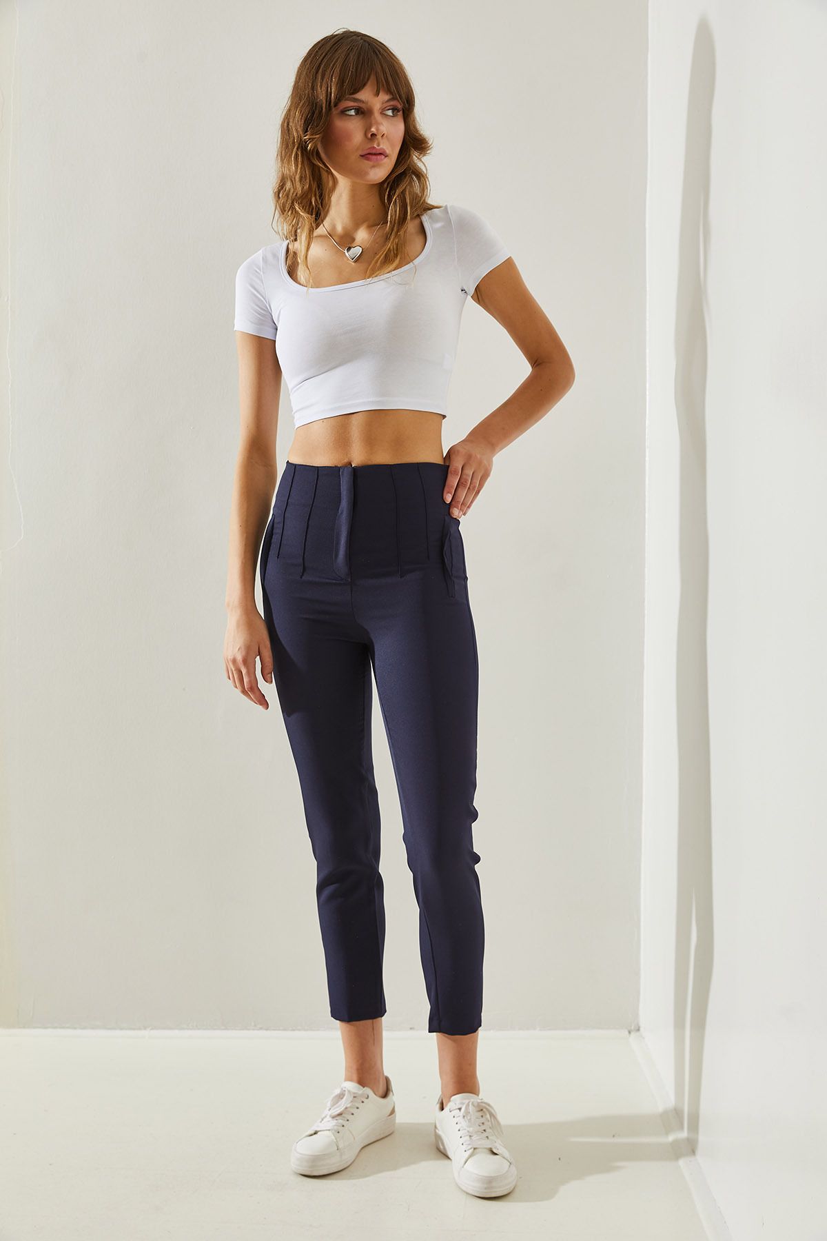 Woman High waist zipper grass detailed double trousers 60251269